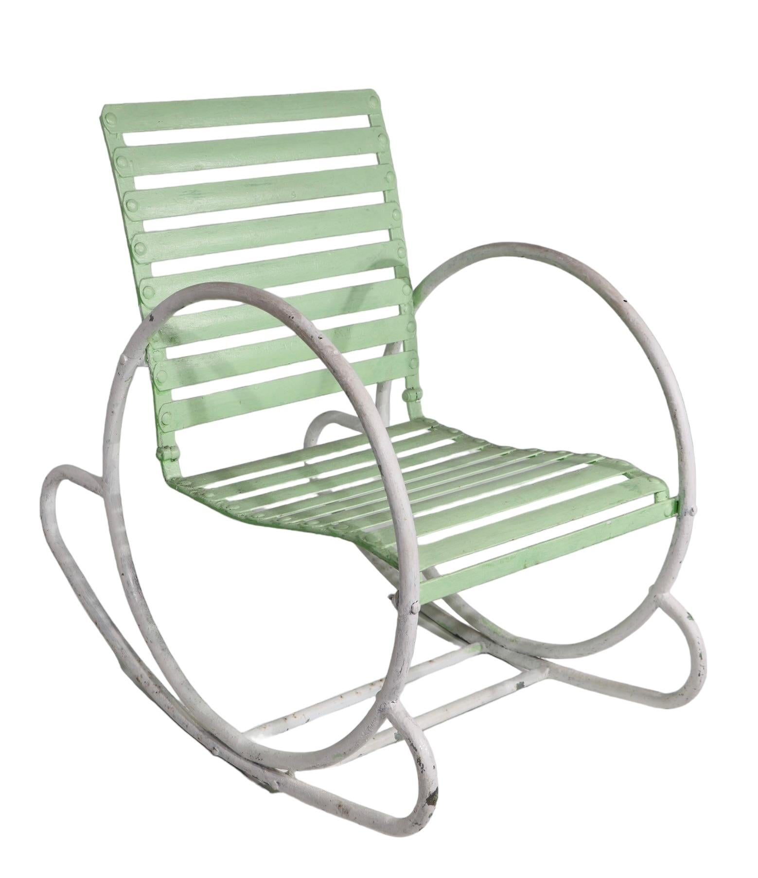 Art Deco Iron and Steel Garden Patio Poolside  Hoop Frame Rocking Chair c 1930's For Sale 8