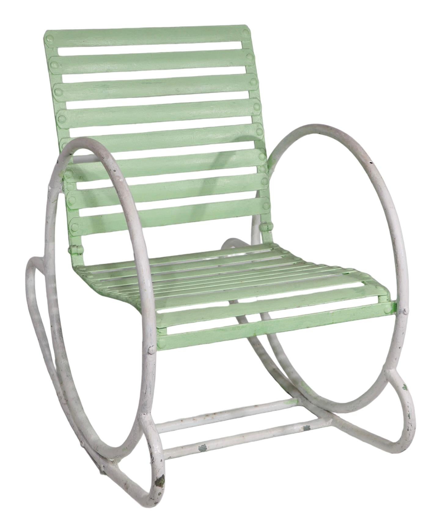 Art Deco Iron and Steel Garden Patio Poolside  Hoop Frame Rocking Chair c 1930's For Sale 9