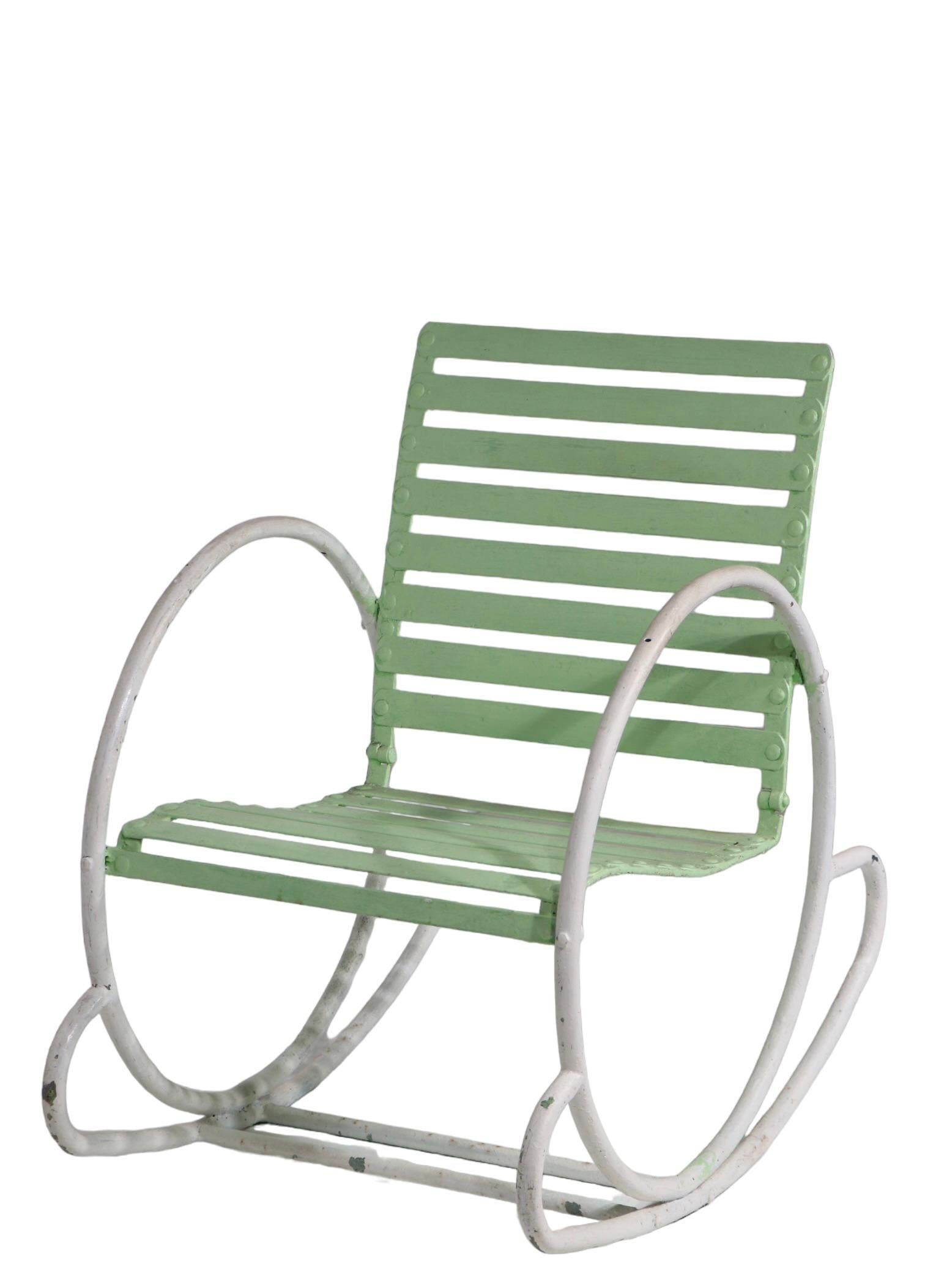 Art Deco Iron and Steel Garden Patio Poolside  Hoop Frame Rocking Chair c 1930's For Sale 14