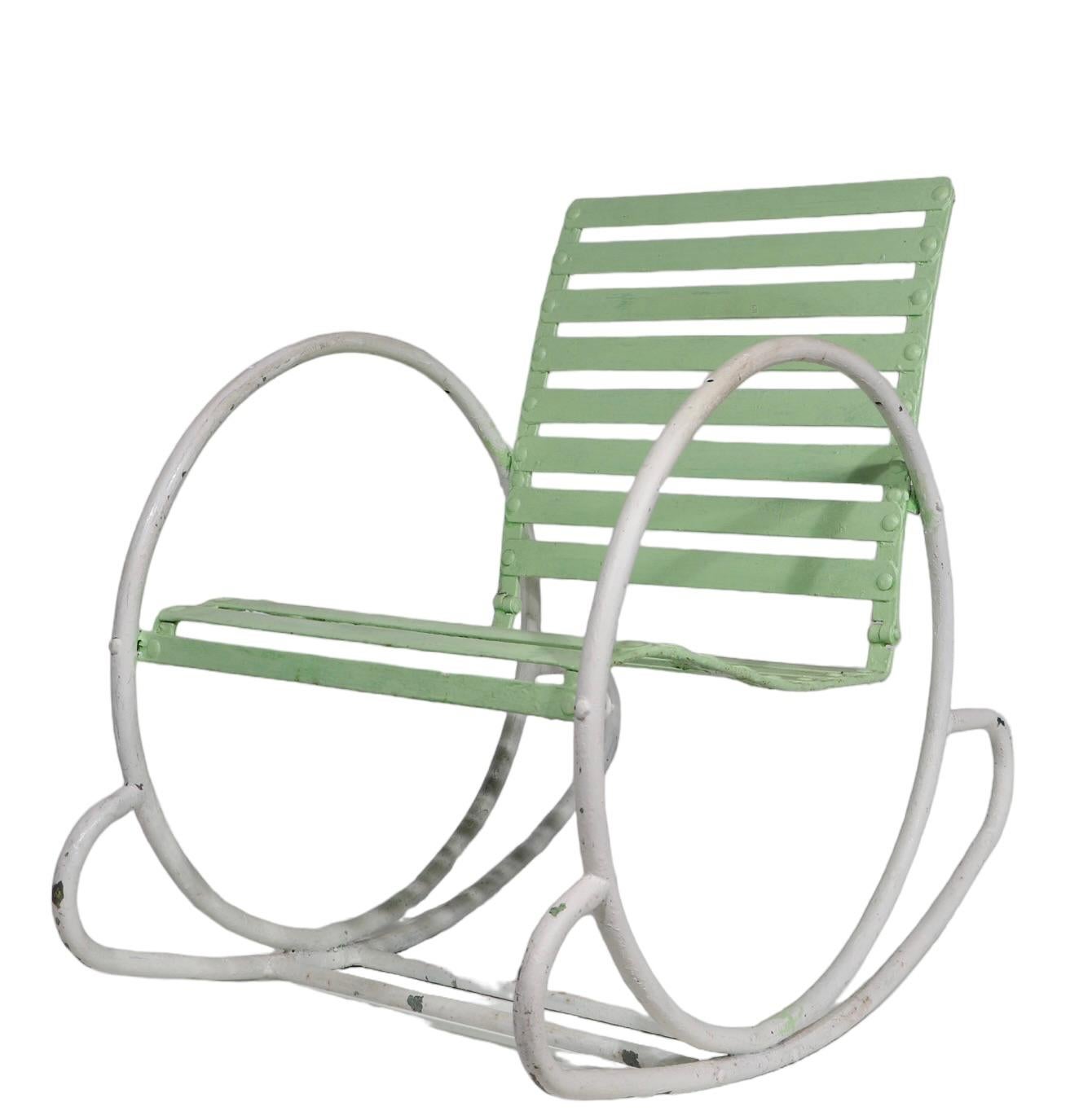 American Art Deco Iron and Steel Garden Patio Poolside  Hoop Frame Rocking Chair c 1930's For Sale
