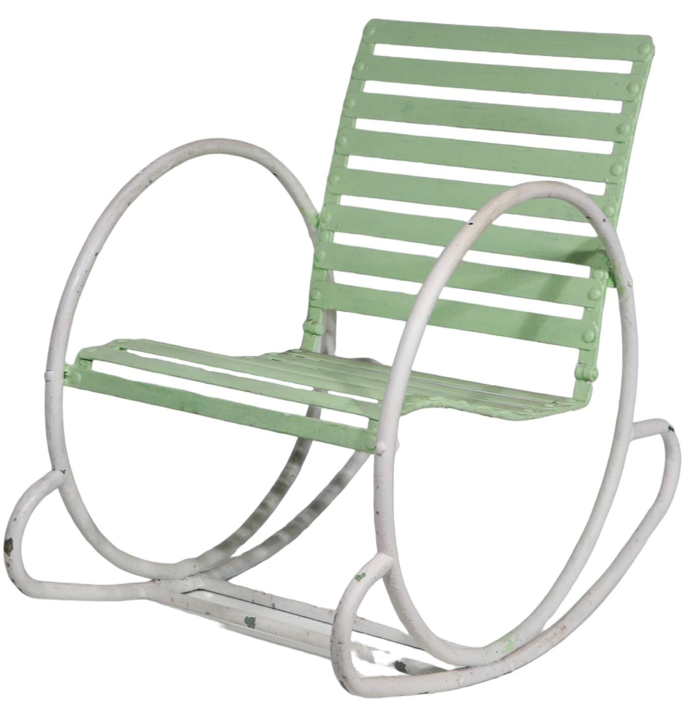 Art Deco Iron and Steel Garden Patio Poolside  Hoop Frame Rocking Chair c 1930's In Good Condition For Sale In New York, NY