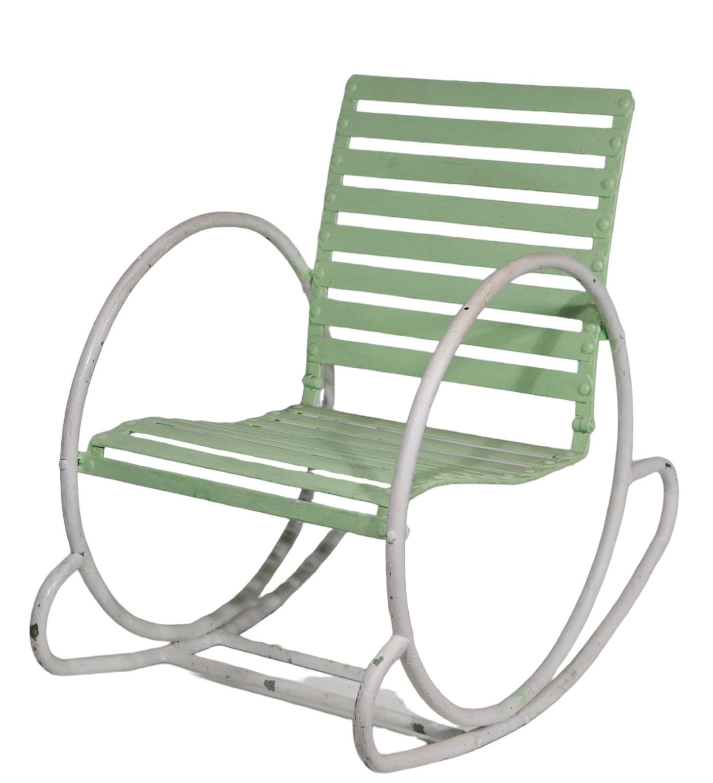 20th Century Art Deco Iron and Steel Garden Patio Poolside  Hoop Frame Rocking Chair c 1930's For Sale