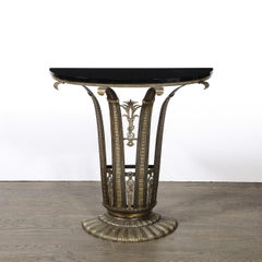 Konsolentisch aus Eisen im Art déco-Stil mit schwarzer Marmorplatte von Marcel Bergue