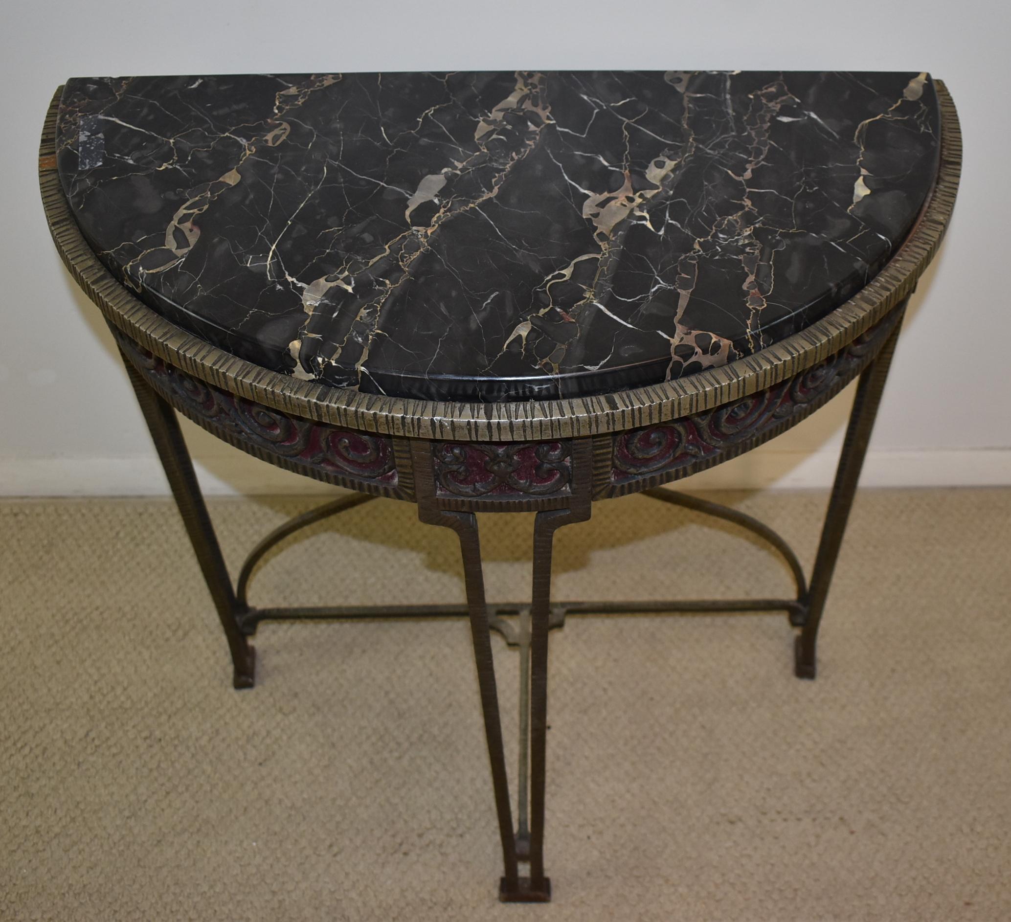 Art Deco Iron Demi Lune Table with Marble Top In Good Condition In Toledo, OH