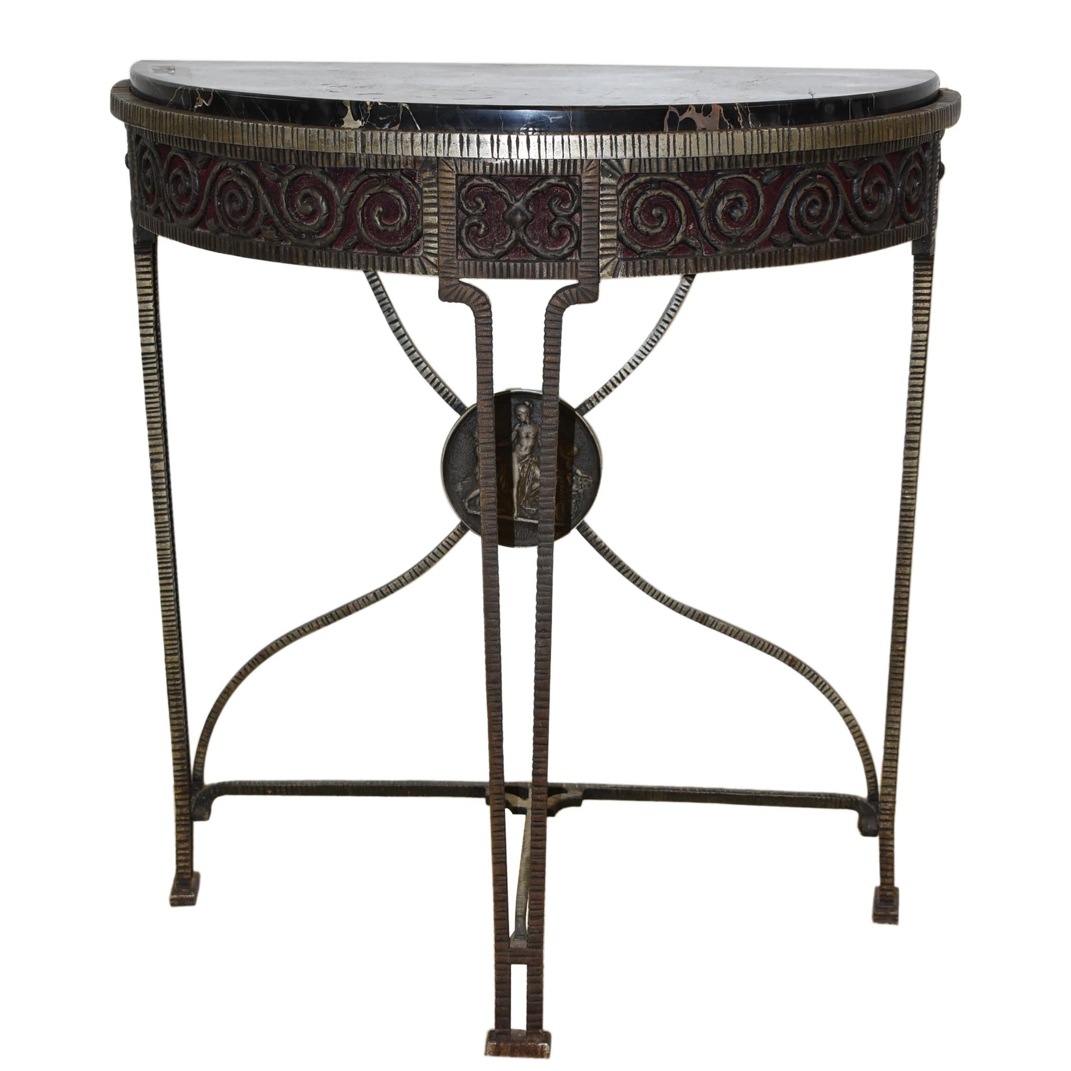 Art Deco Iron Demi Lune Table with Marble Top