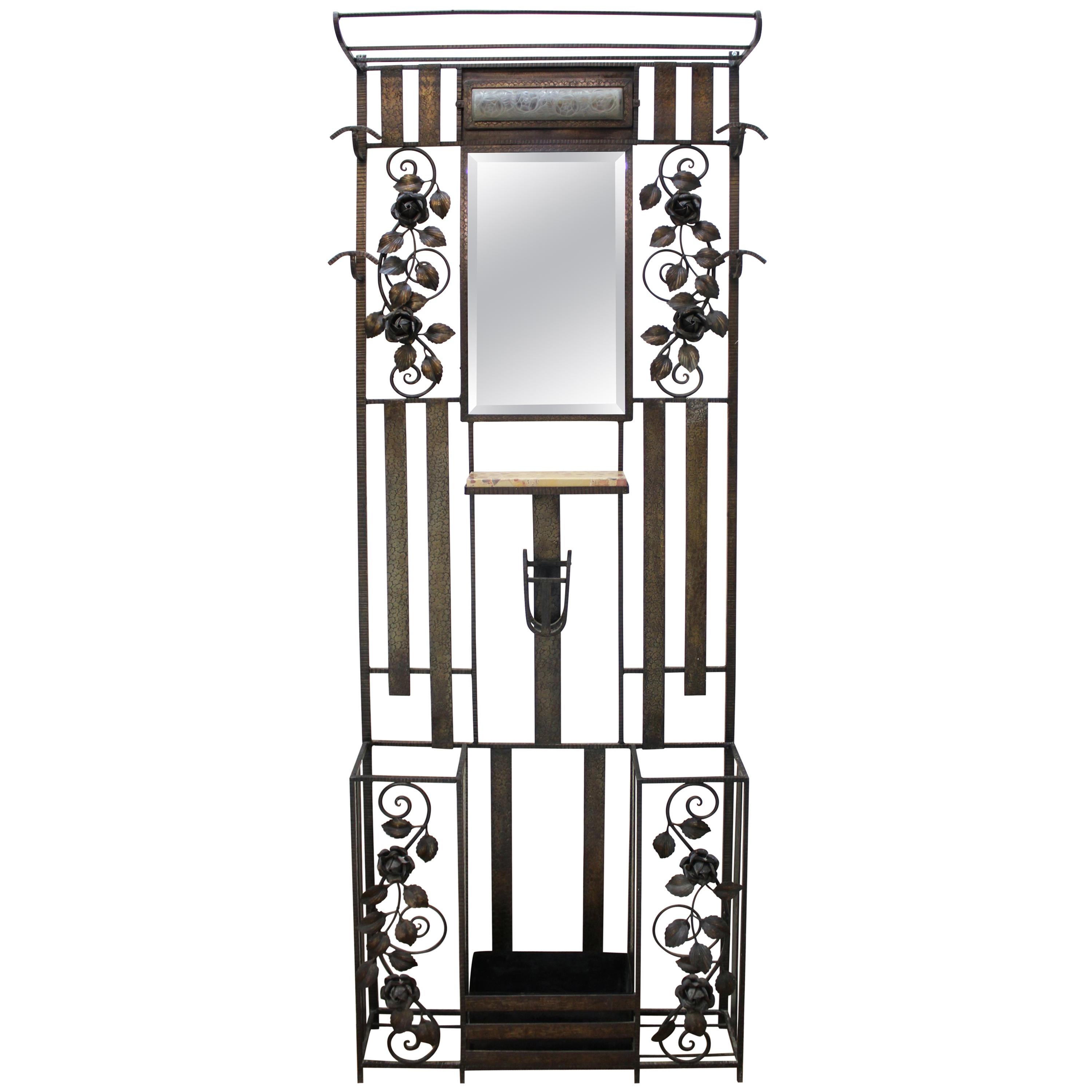 Art Deco Iron Hall Tree Mirror with Rose Motif