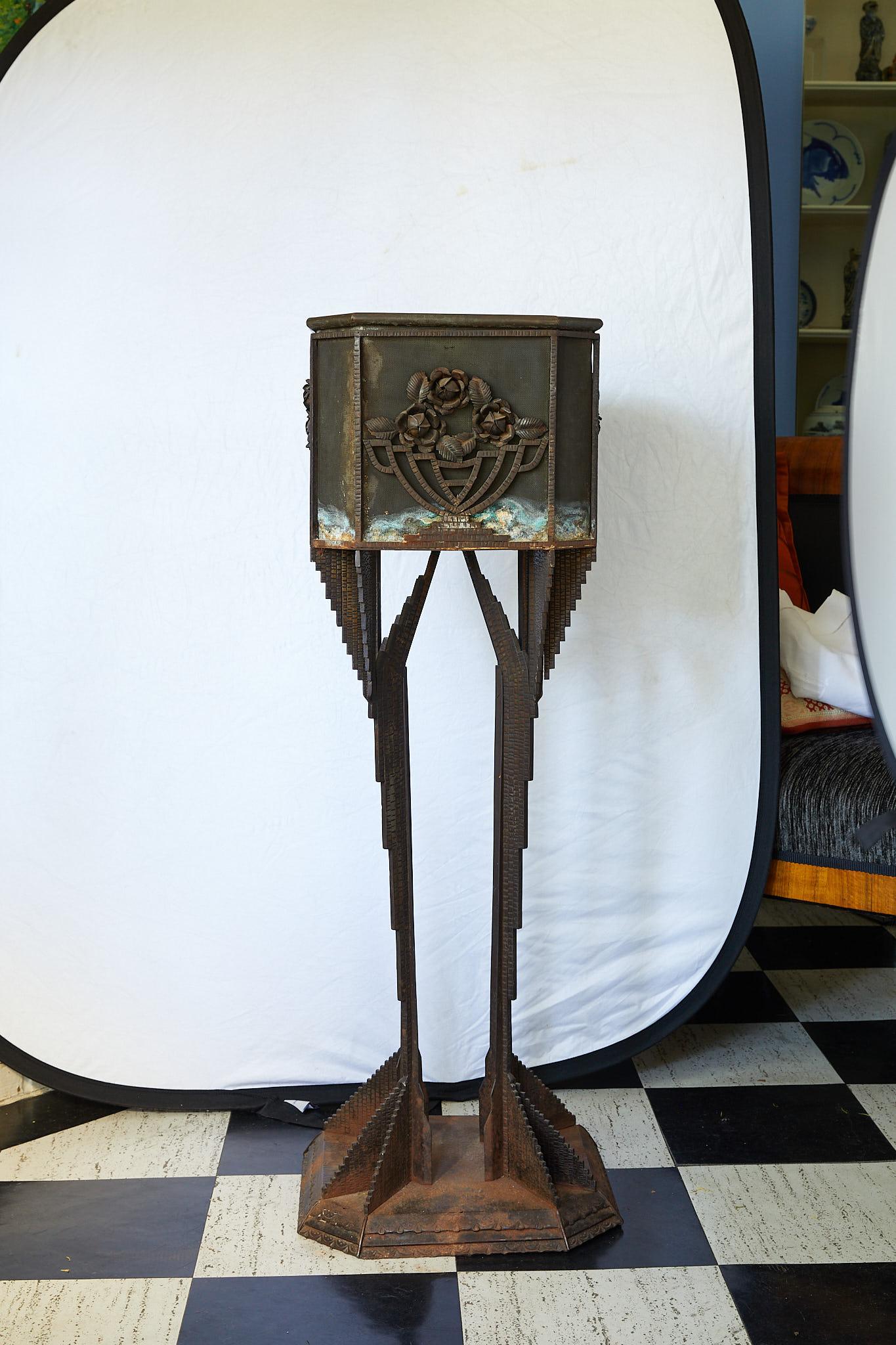20th Century Art Deco Iron Pedestal Planter For Sale