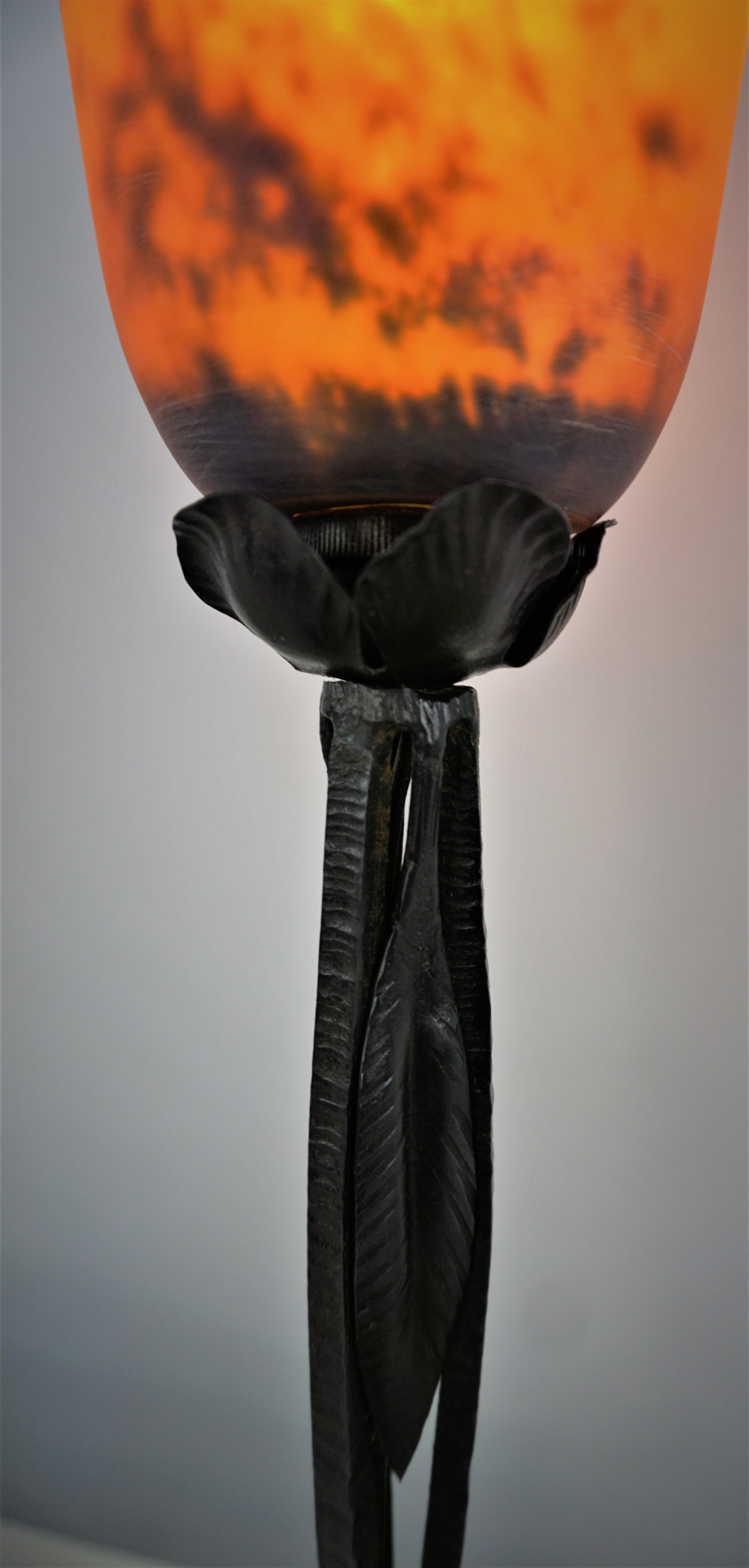 French Art Deco Iron Table Lamp by Le Fer Forge HF with Hand blow Glass Shade