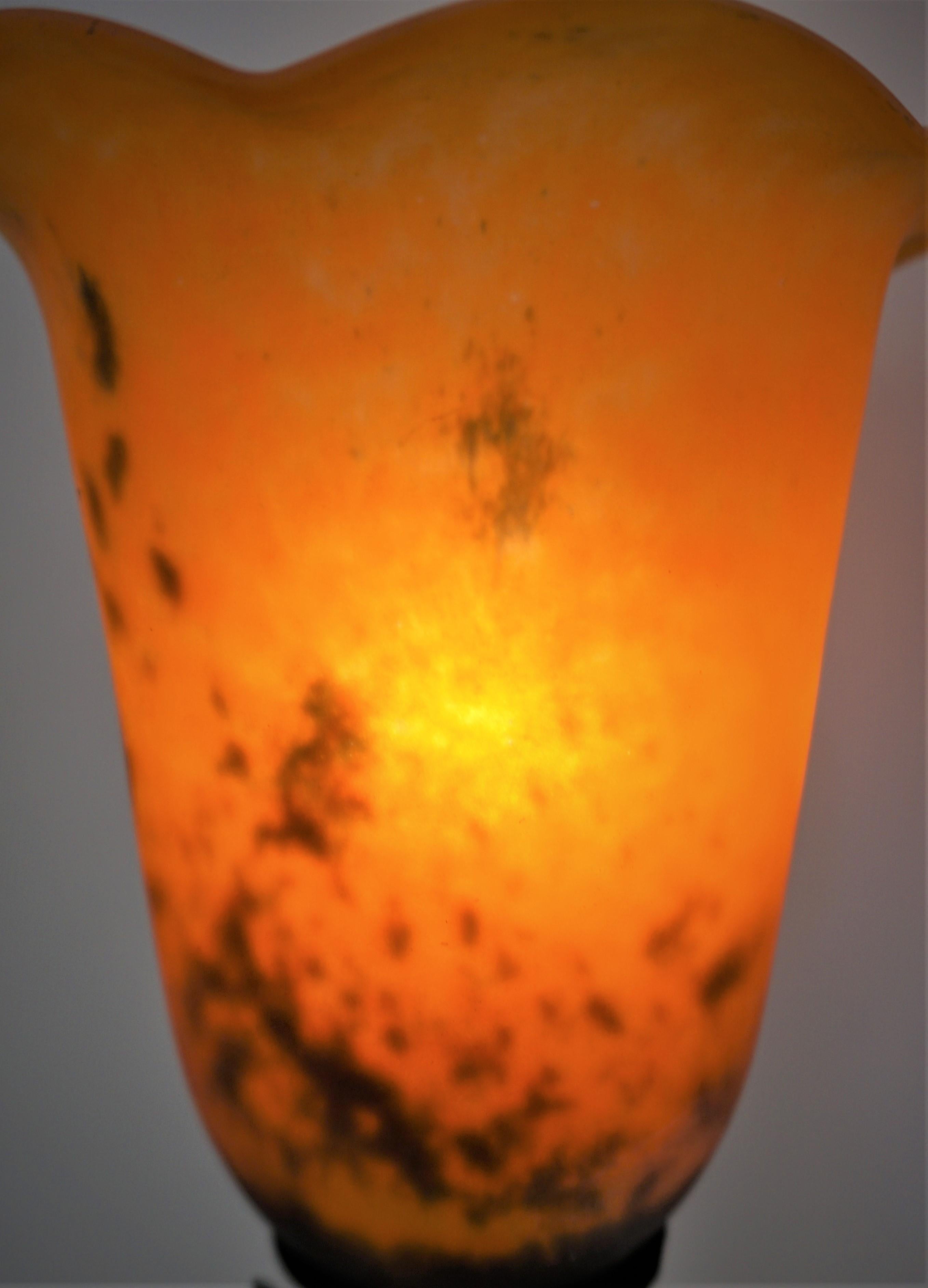 Art Deco Iron Table Lamp by Le Fer Forge HF with Hand blow Glass Shade In Good Condition In Fairfax, VA