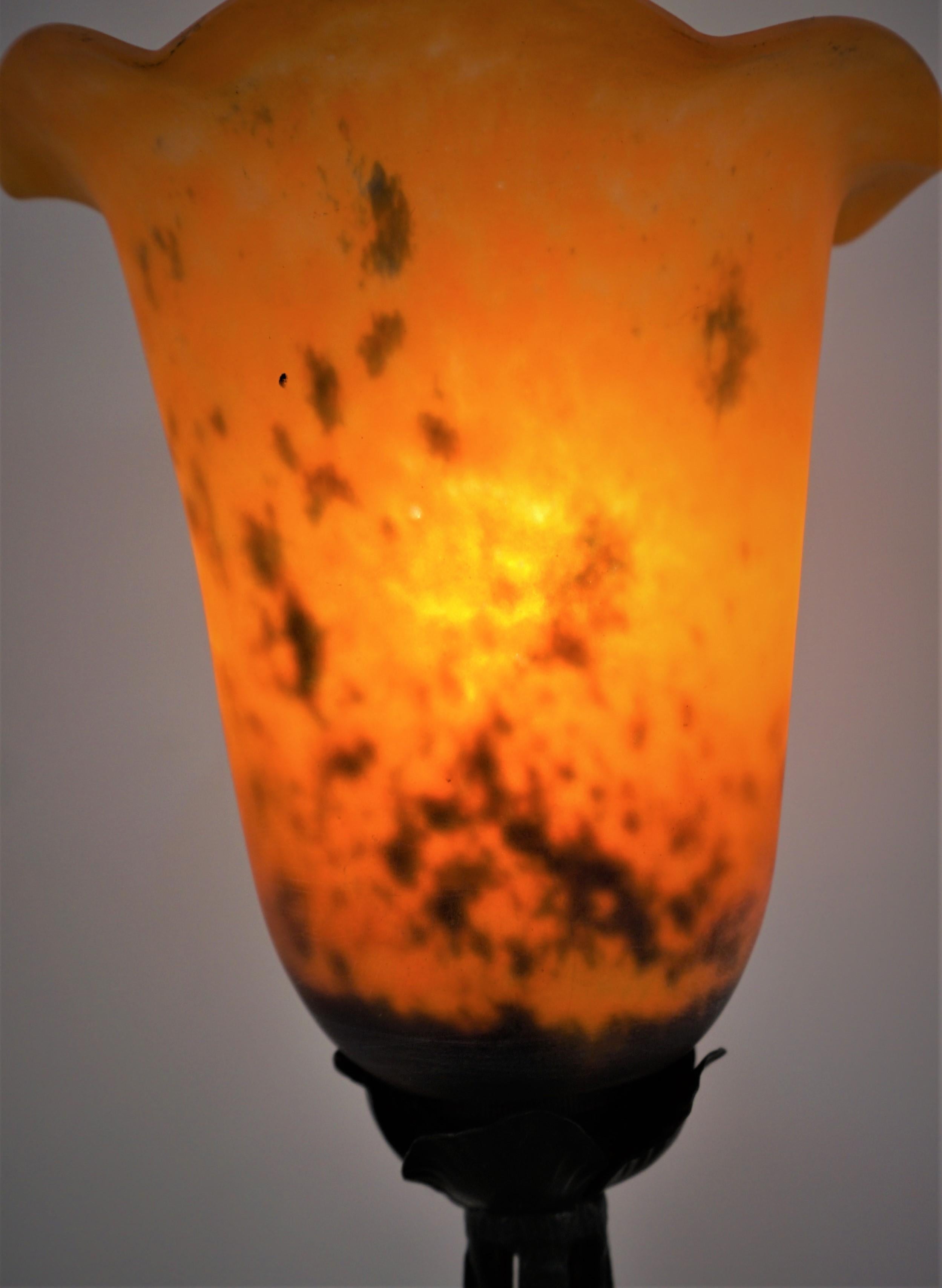 Art Deco Iron Table Lamp by Le Fer Forge HF with Hand blow Glass Shade 1