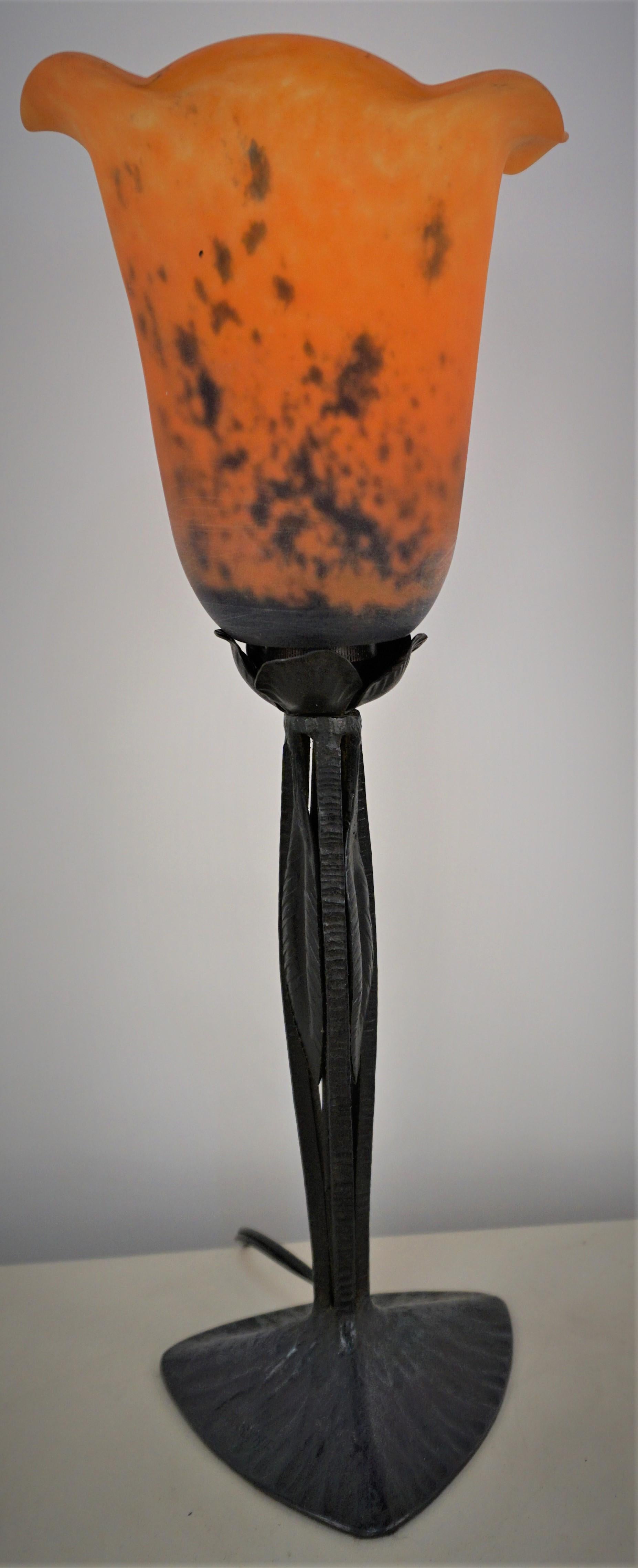 Art Deco Iron Table Lamp by Le Fer Forge HF with Hand blow Glass Shade 2