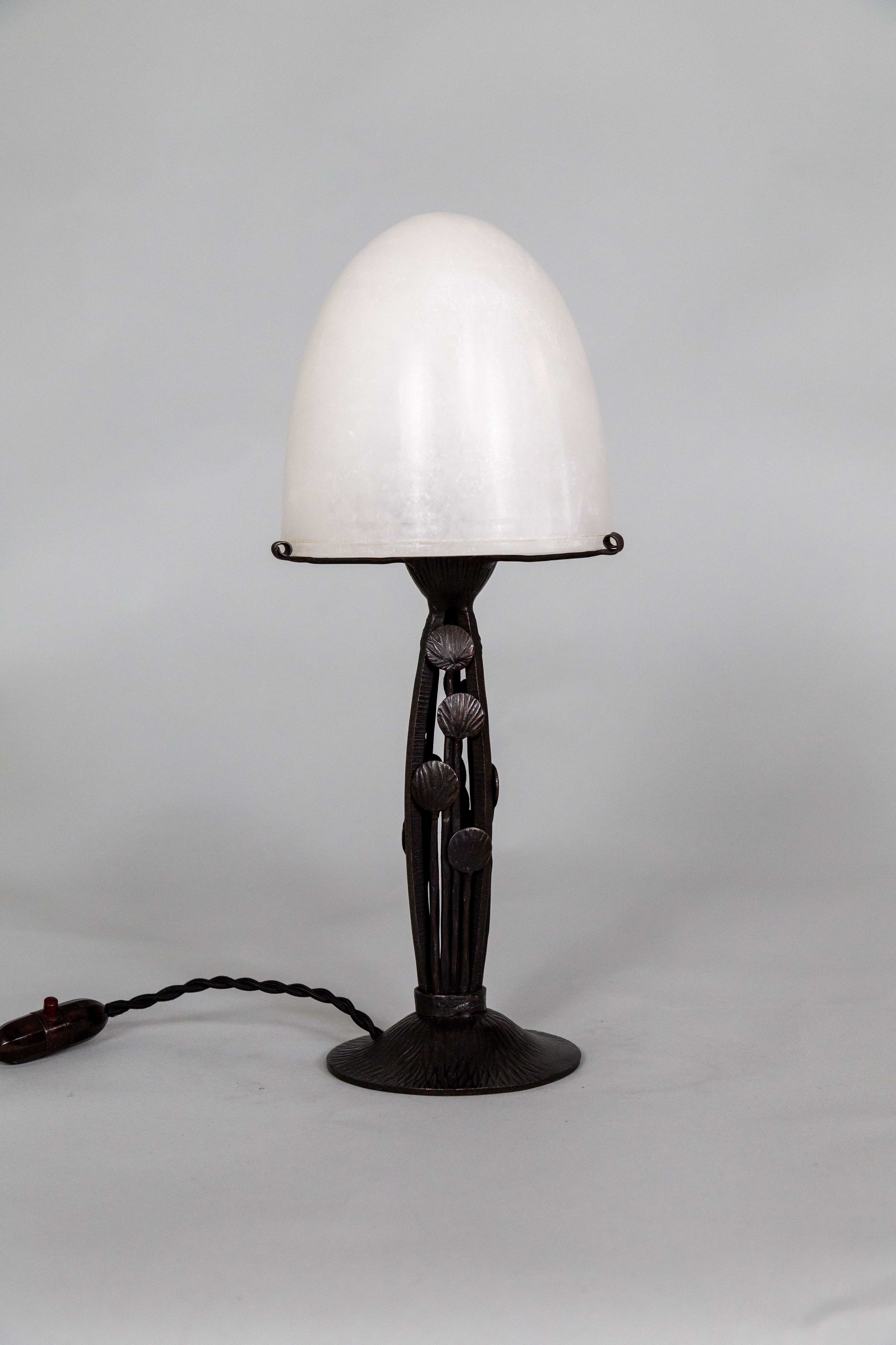 Art Deco Iron Table Lamp w/ Alabaster Shade by Marcel Vasseur For Sale 6