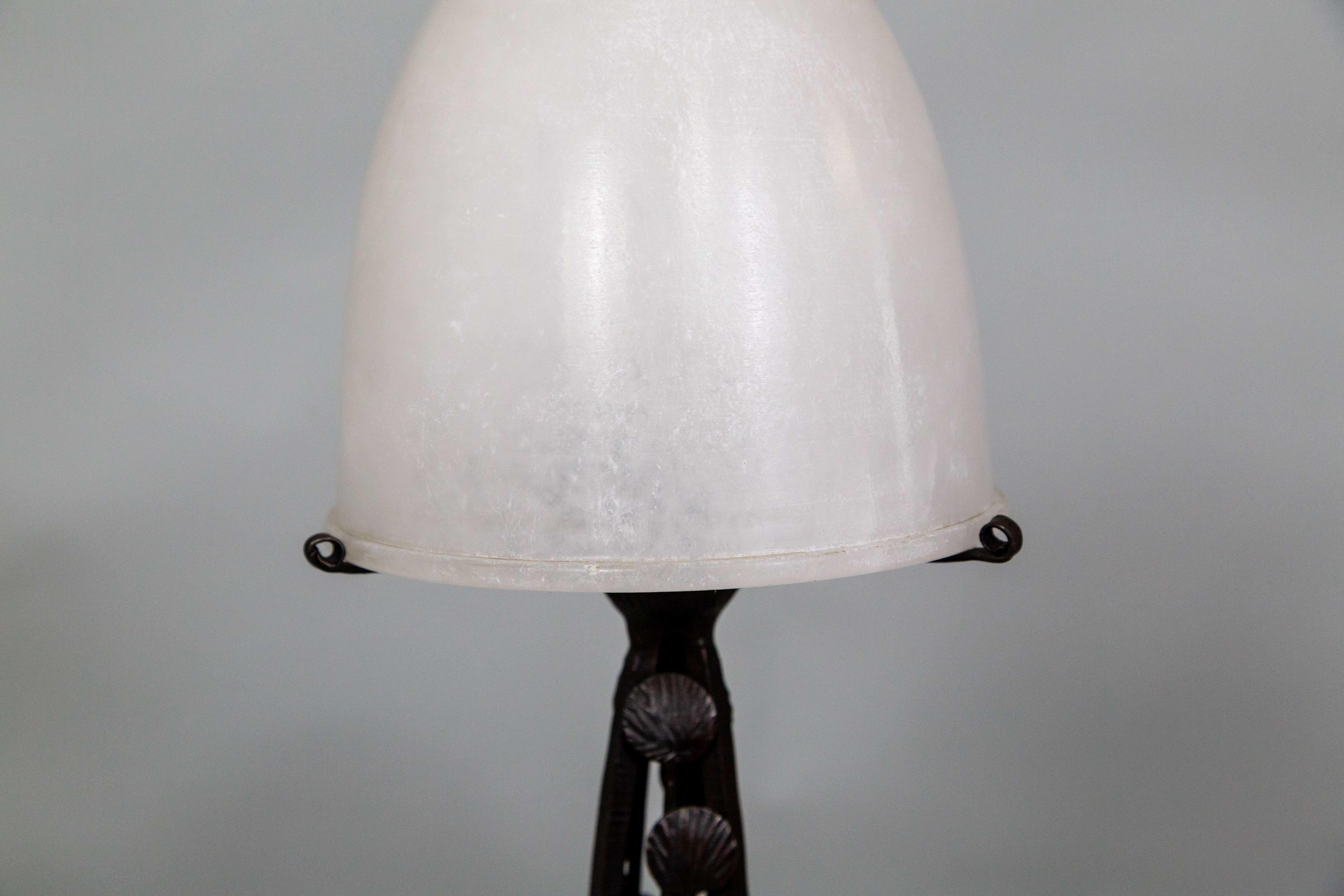 Art Deco Iron Table Lamp w/ Alabaster Shade by Marcel Vasseur For Sale 7