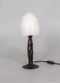 Art Deco Iron Table Lamp w/ Alabaster Shade by Marcel Vasseur