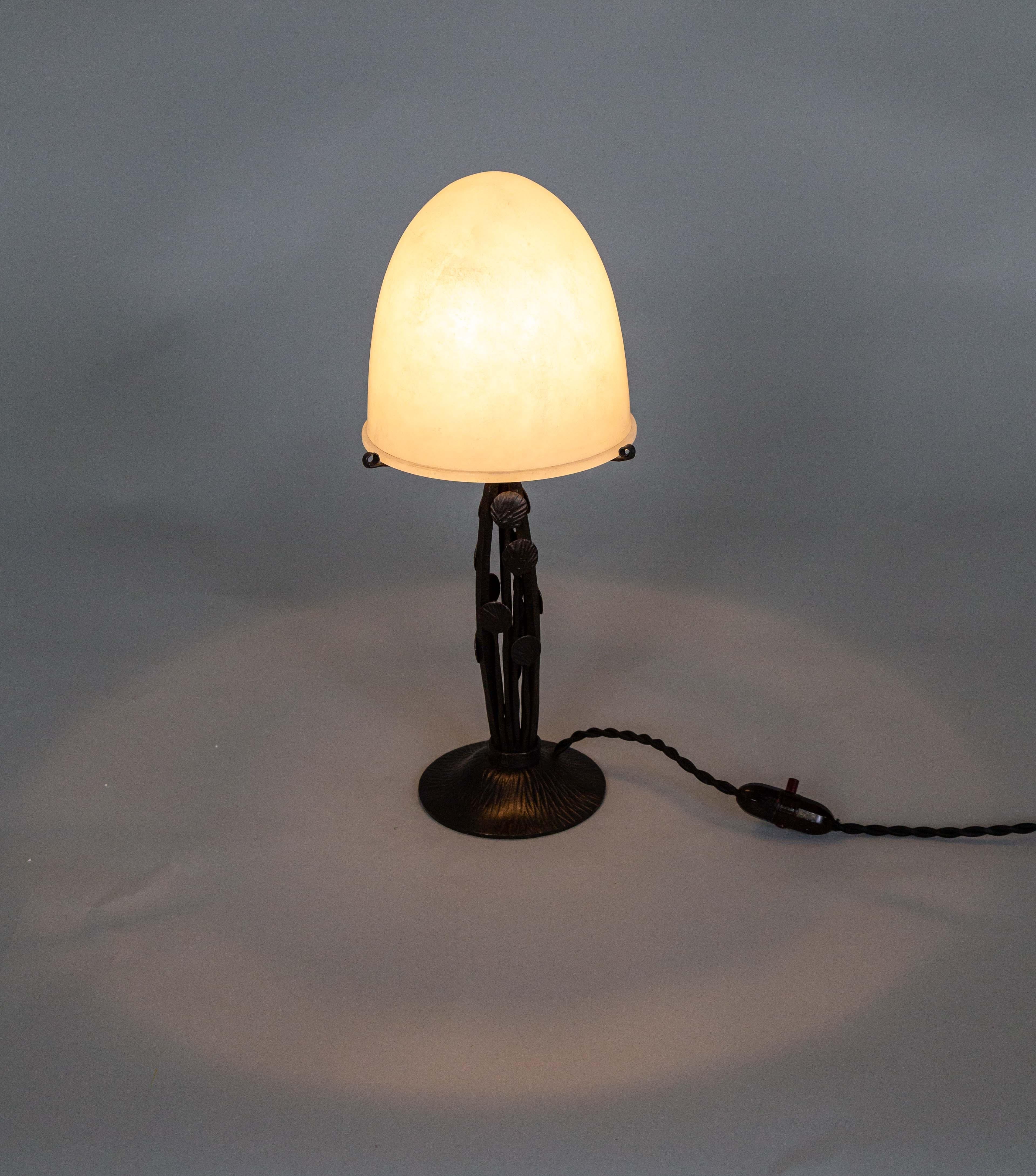 Art Deco Iron Table Lamp w/ Alabaster Shade by Marcel Vasseur In Good Condition For Sale In San Francisco, CA