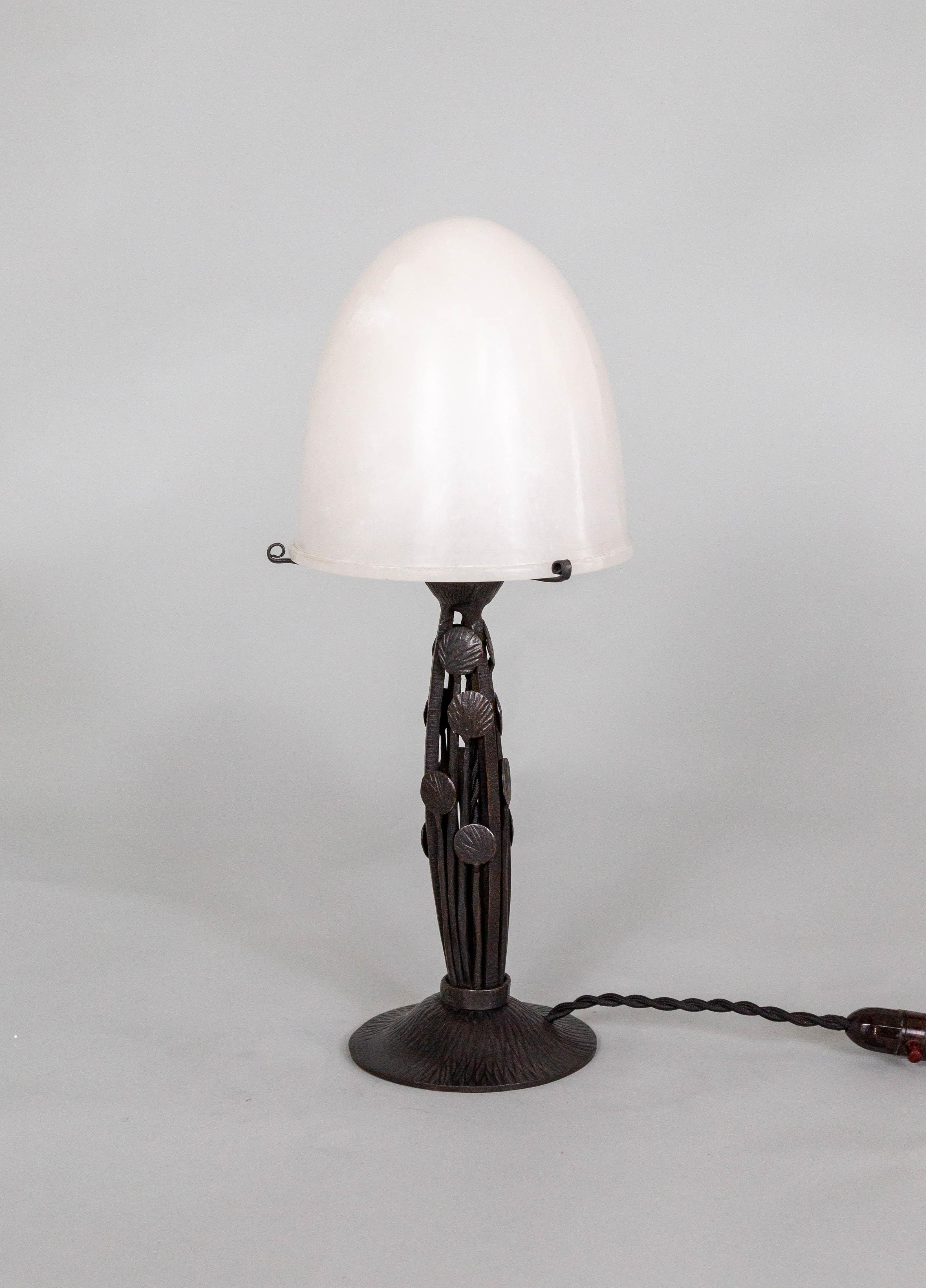 20th Century Art Deco Iron Table Lamp w/ Alabaster Shade by Marcel Vasseur For Sale
