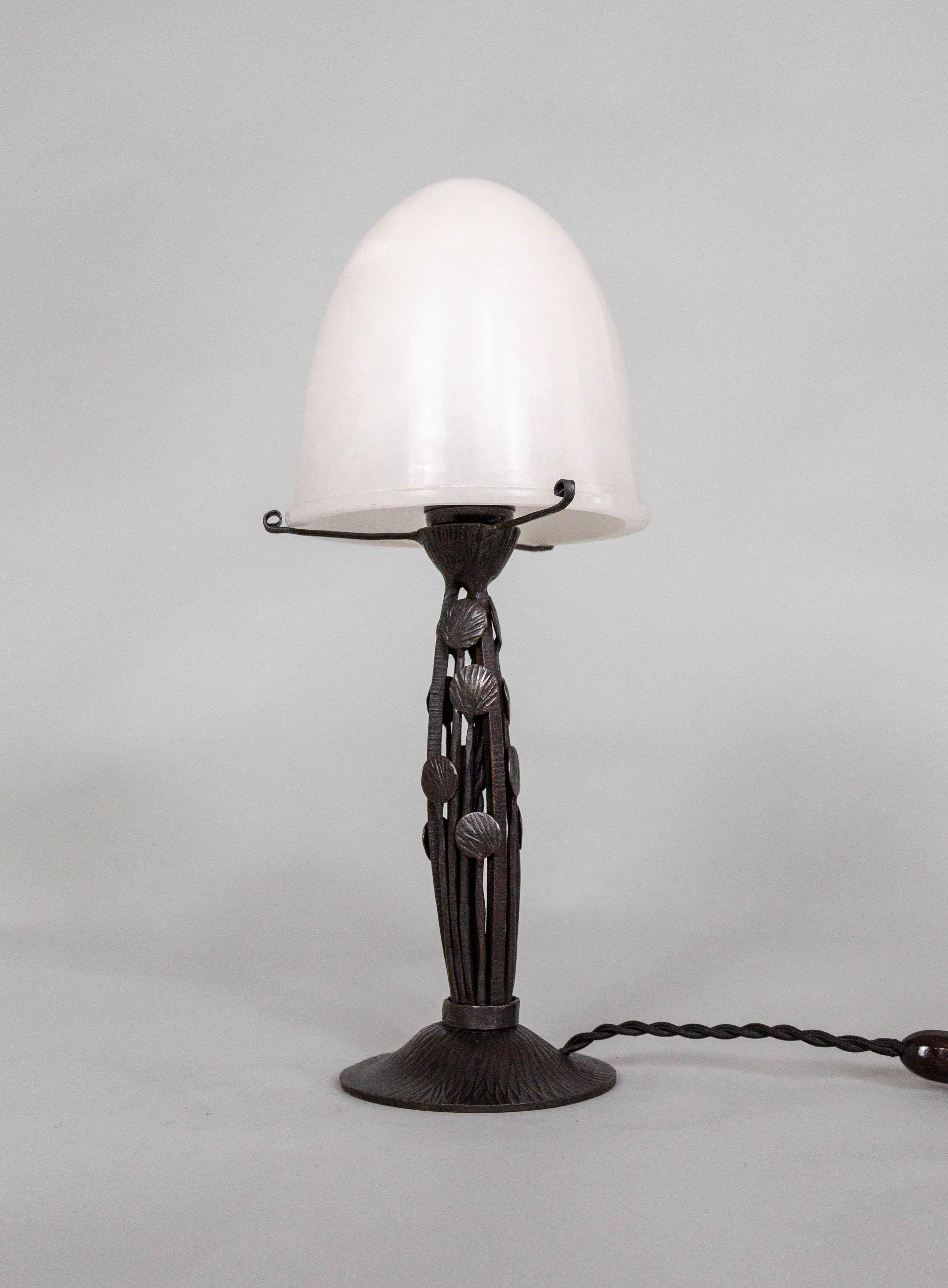 Art Deco Iron Table Lamp w/ Alabaster Shade by Marcel Vasseur For Sale 1