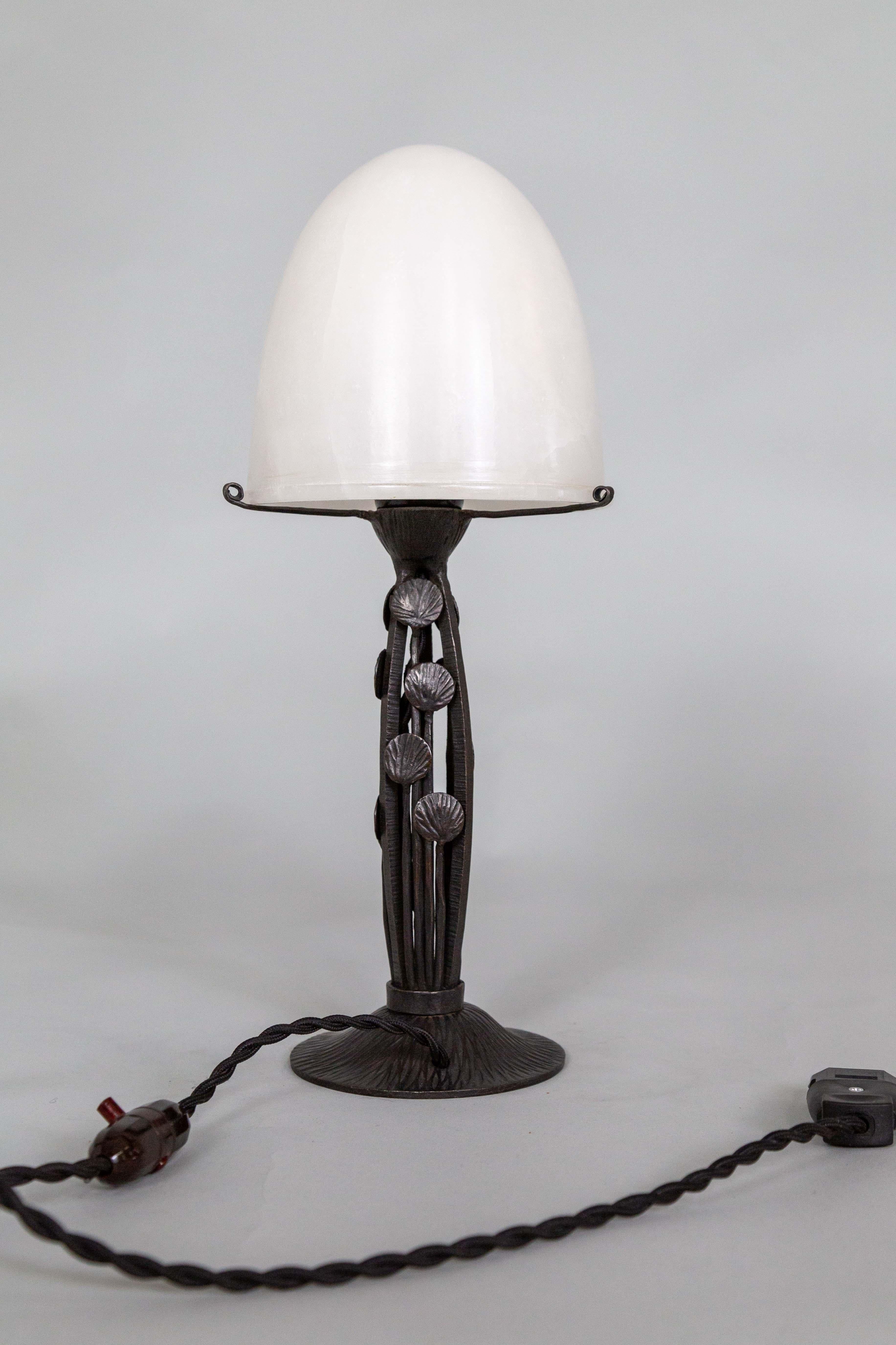Art Deco Iron Table Lamp w/ Alabaster Shade by Marcel Vasseur For Sale 4