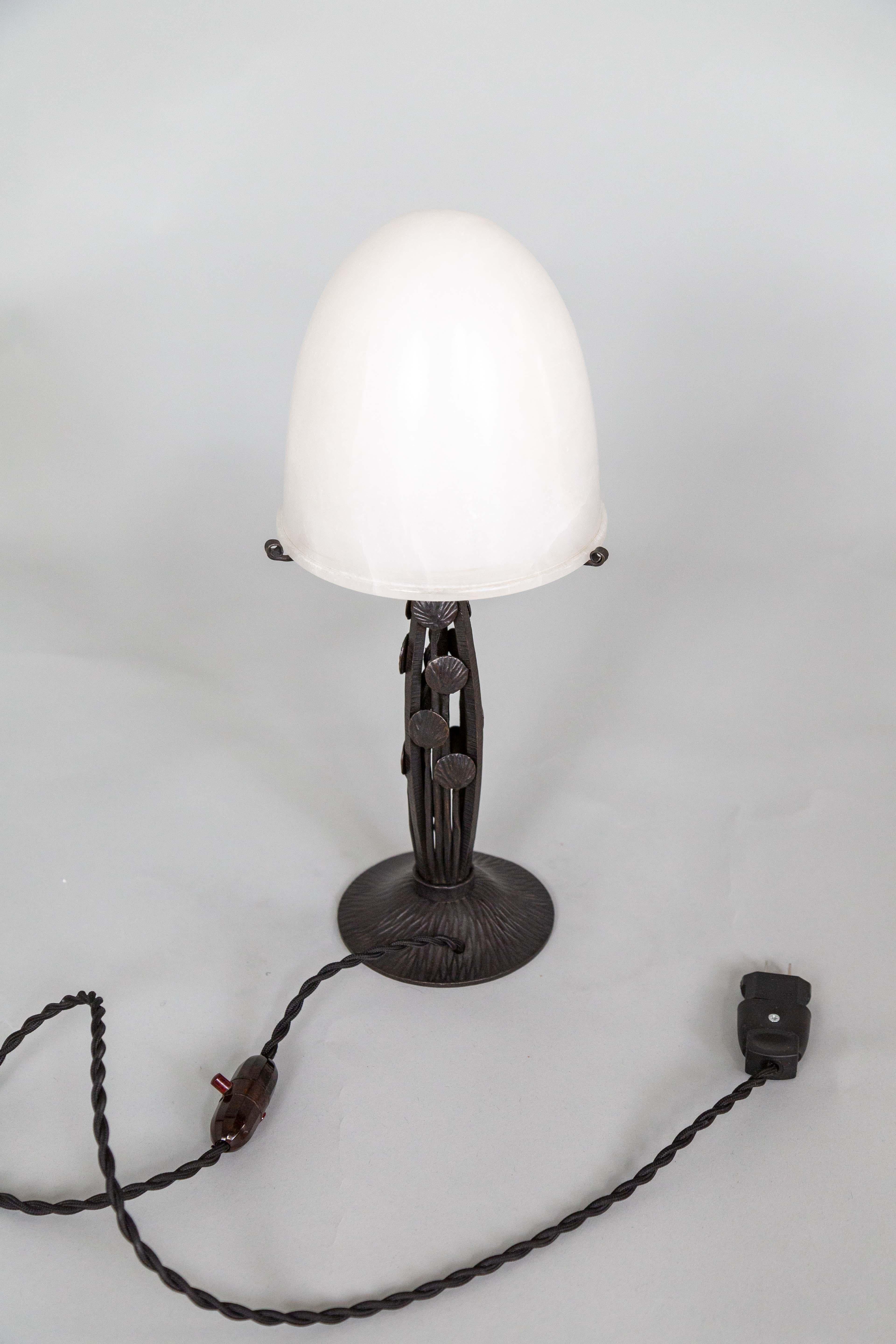 Art Deco Iron Table Lamp w/ Alabaster Shade by Marcel Vasseur For Sale 5