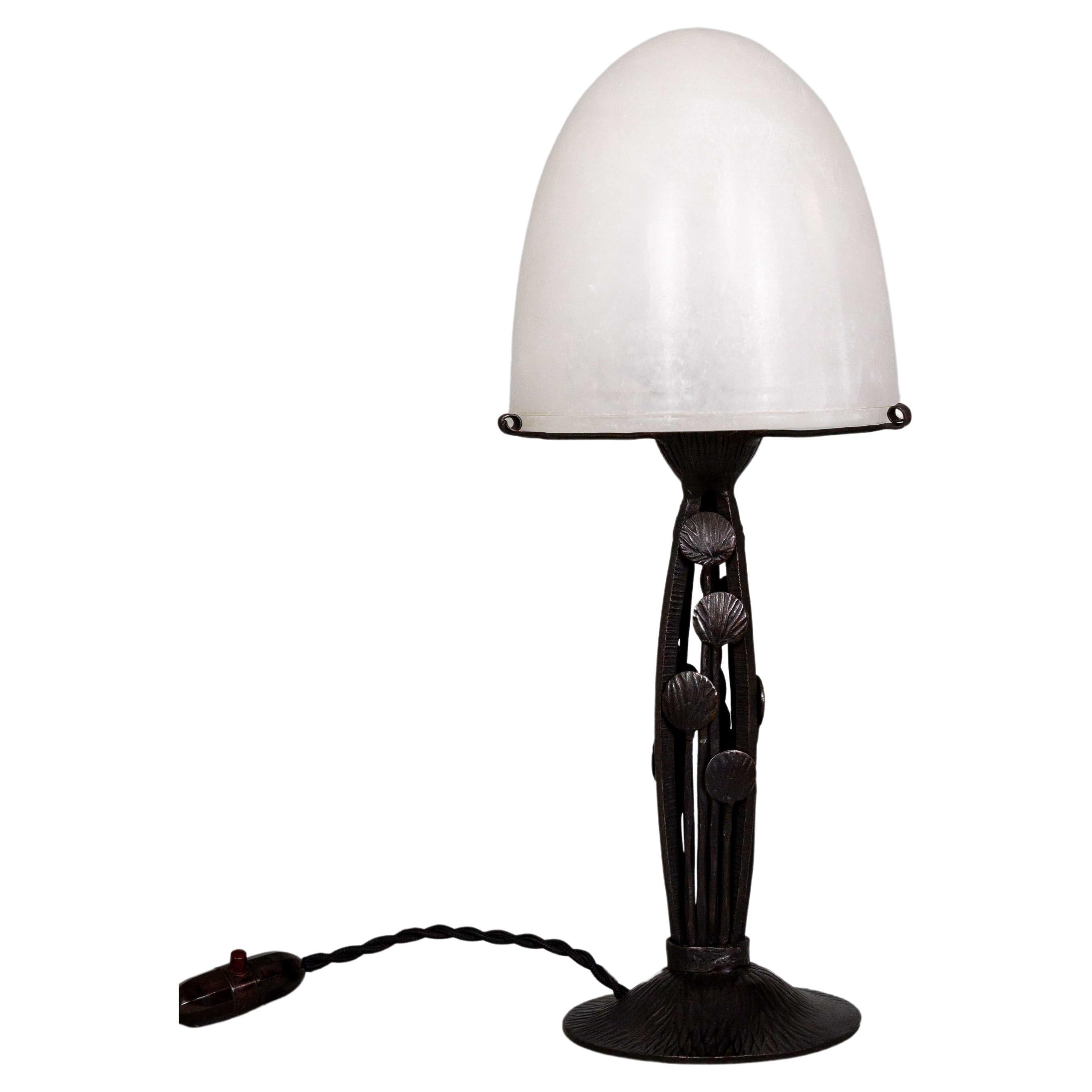 Art Deco Iron Table Lamp w/ Alabaster Shade by Marcel Vasseur