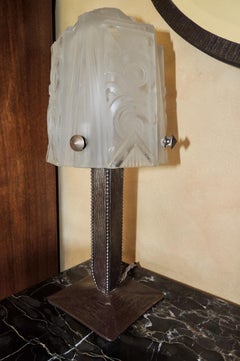 Art Deco Iron Table Lamp with Muller Style Glass Shade