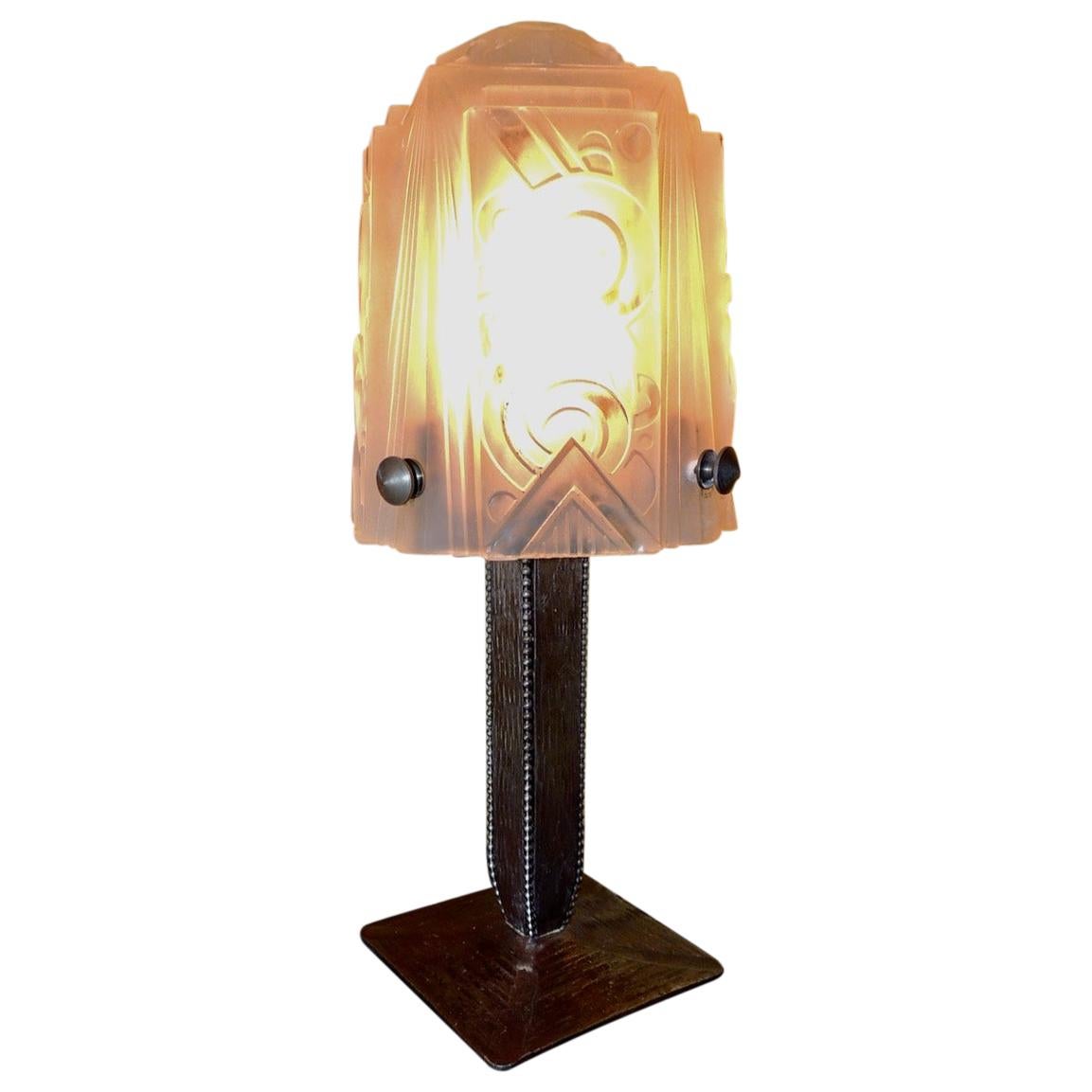 Art Deco Iron Table Lamp with Muller Style Glass Shade