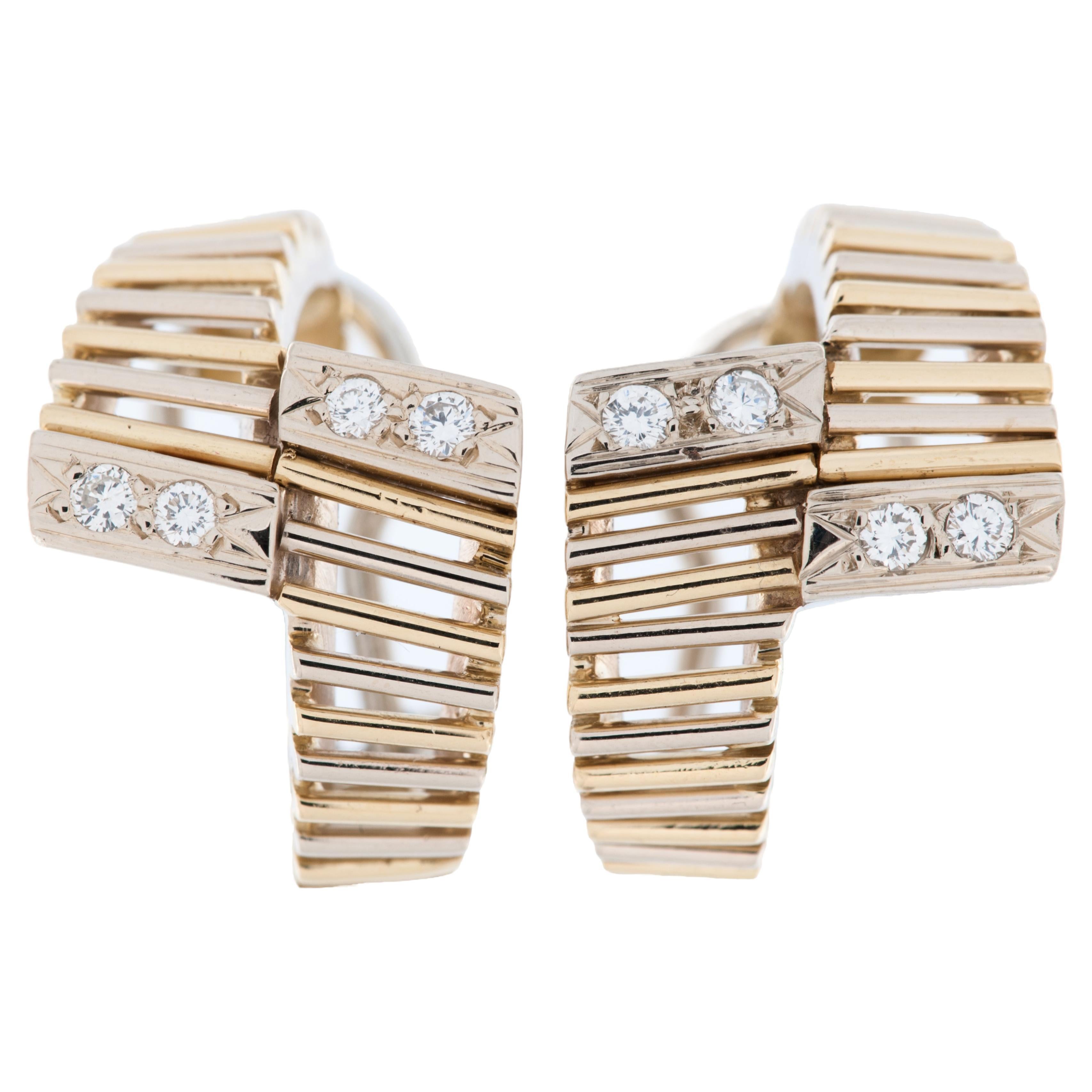 Boucles d'oreilles italiennes Art déco en or jaune et blanc 18 carats avec diamants