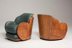 Art Deco Italian Armchairs Dark Green Leather and Wood Root Rounded Back