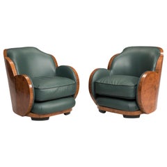 Art Deco Italian Armchairs Dark Green Leather and Wood Root Rounded Back