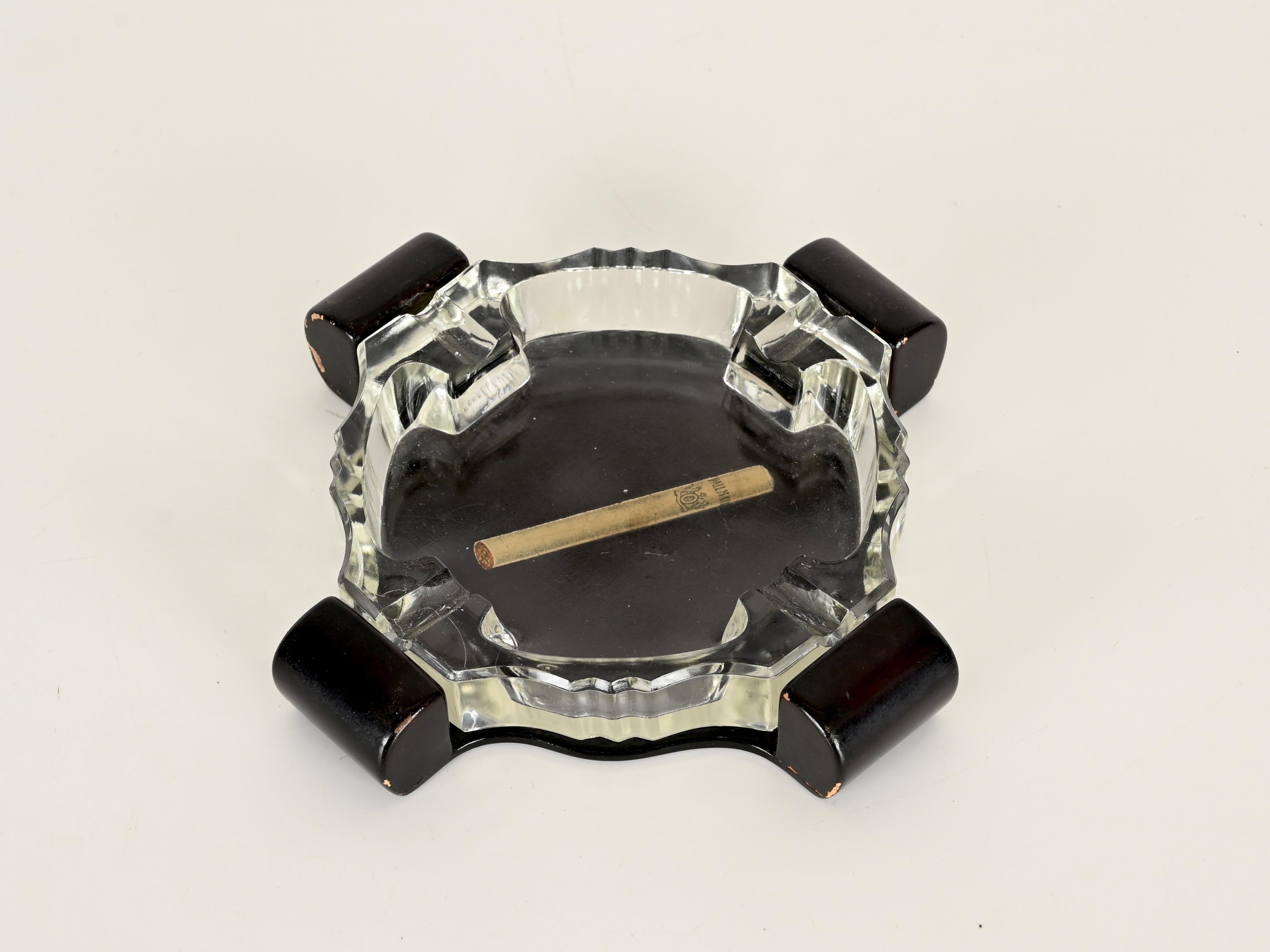 Art Deco Italian Ashtray in Crystal and Lacquered Wood, 1930s For Sale 6