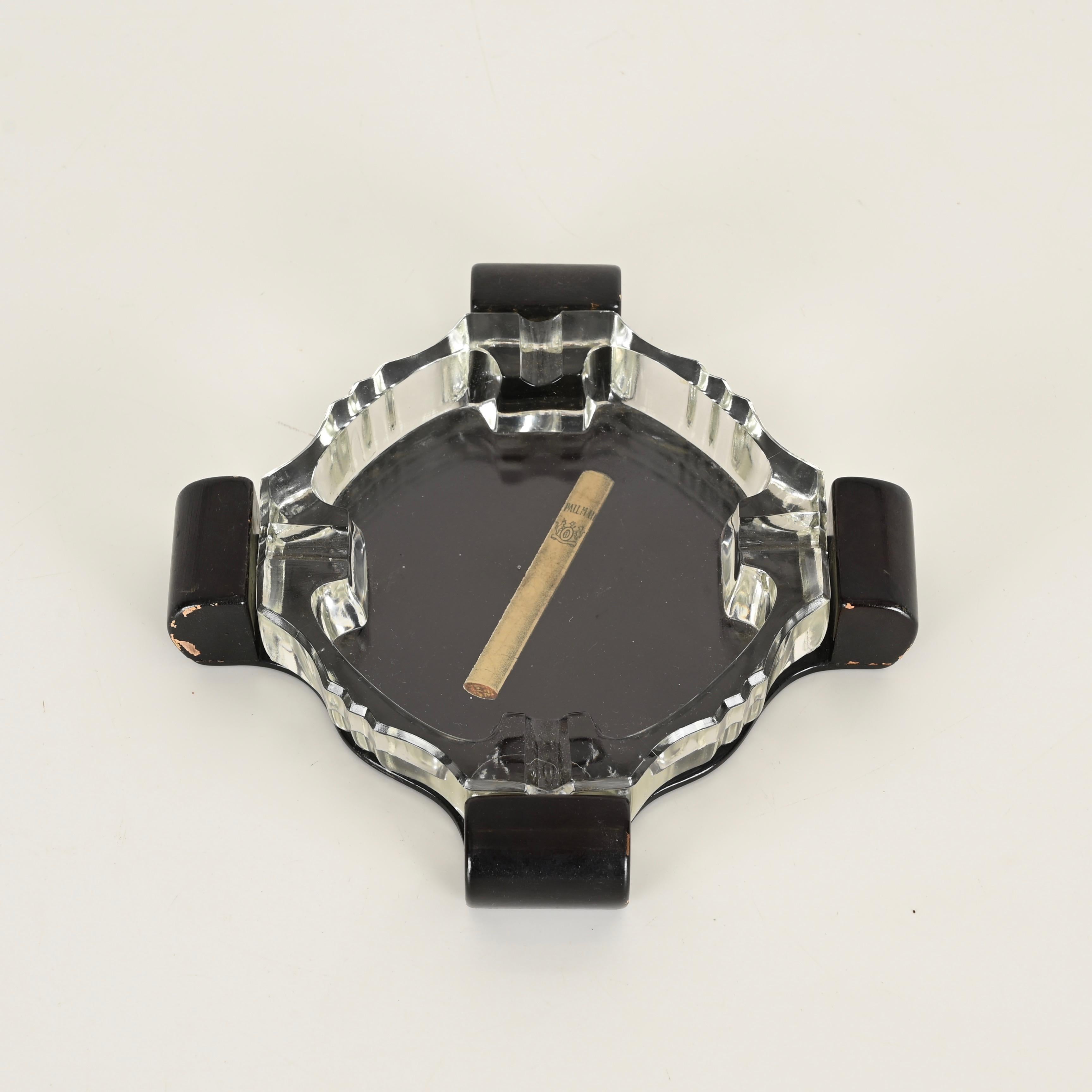 Art Deco Italian Ashtray in Crystal and Lacquered Wood, 1930s For Sale 7