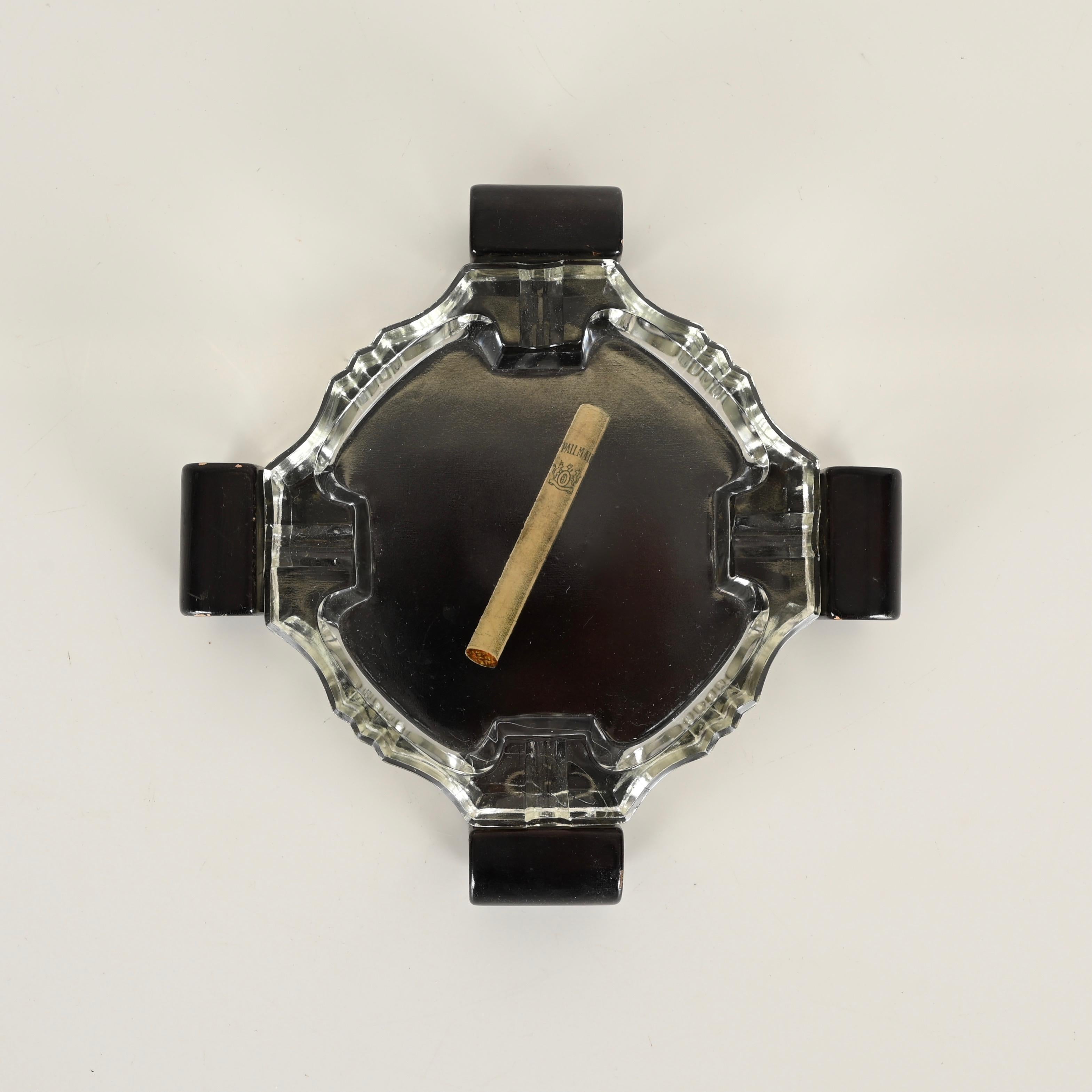 Art Deco Italian Ashtray in Crystal and Lacquered Wood, 1930s For Sale 8