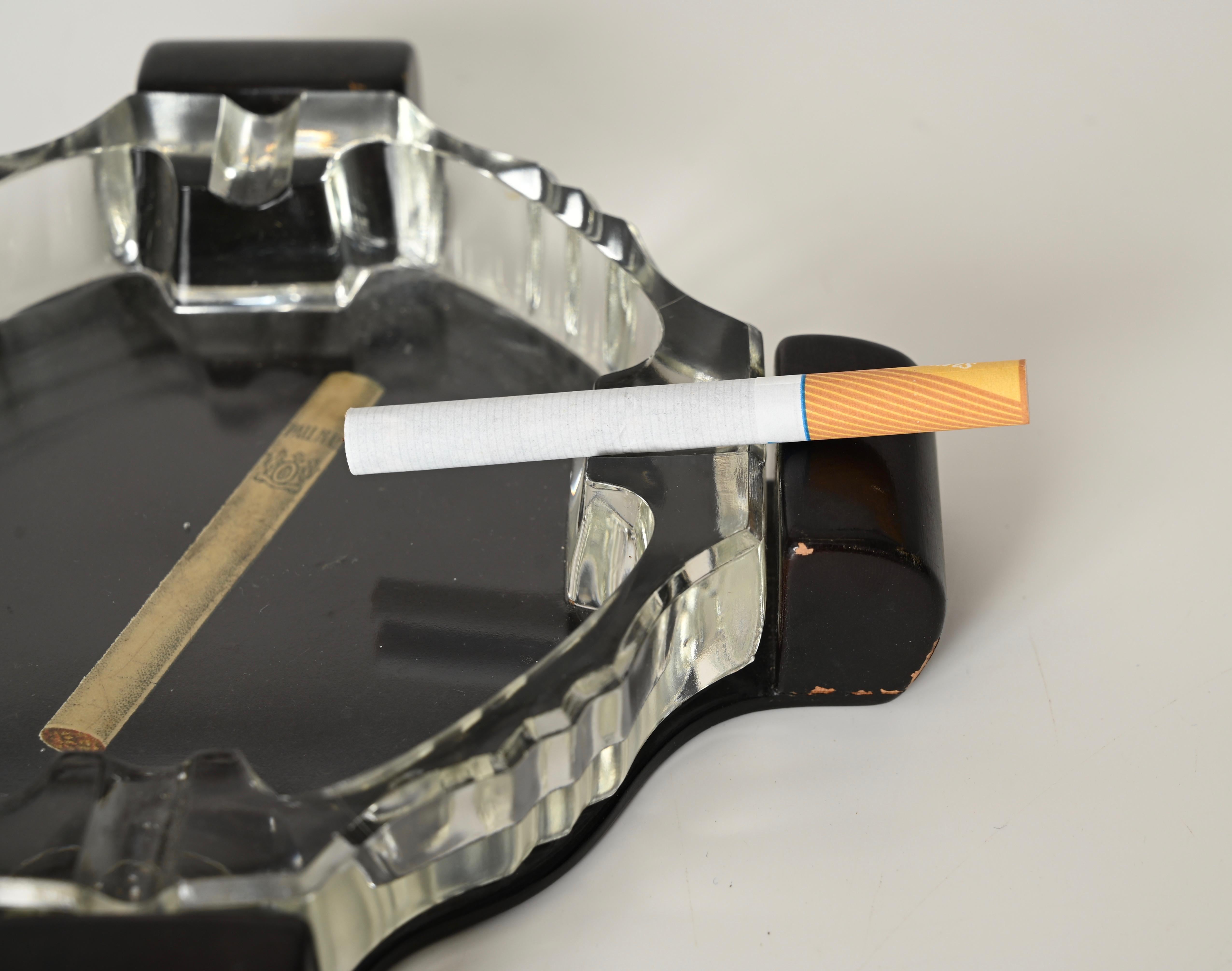 Art Deco Italian Ashtray in Crystal and Lacquered Wood, 1930s For Sale 13