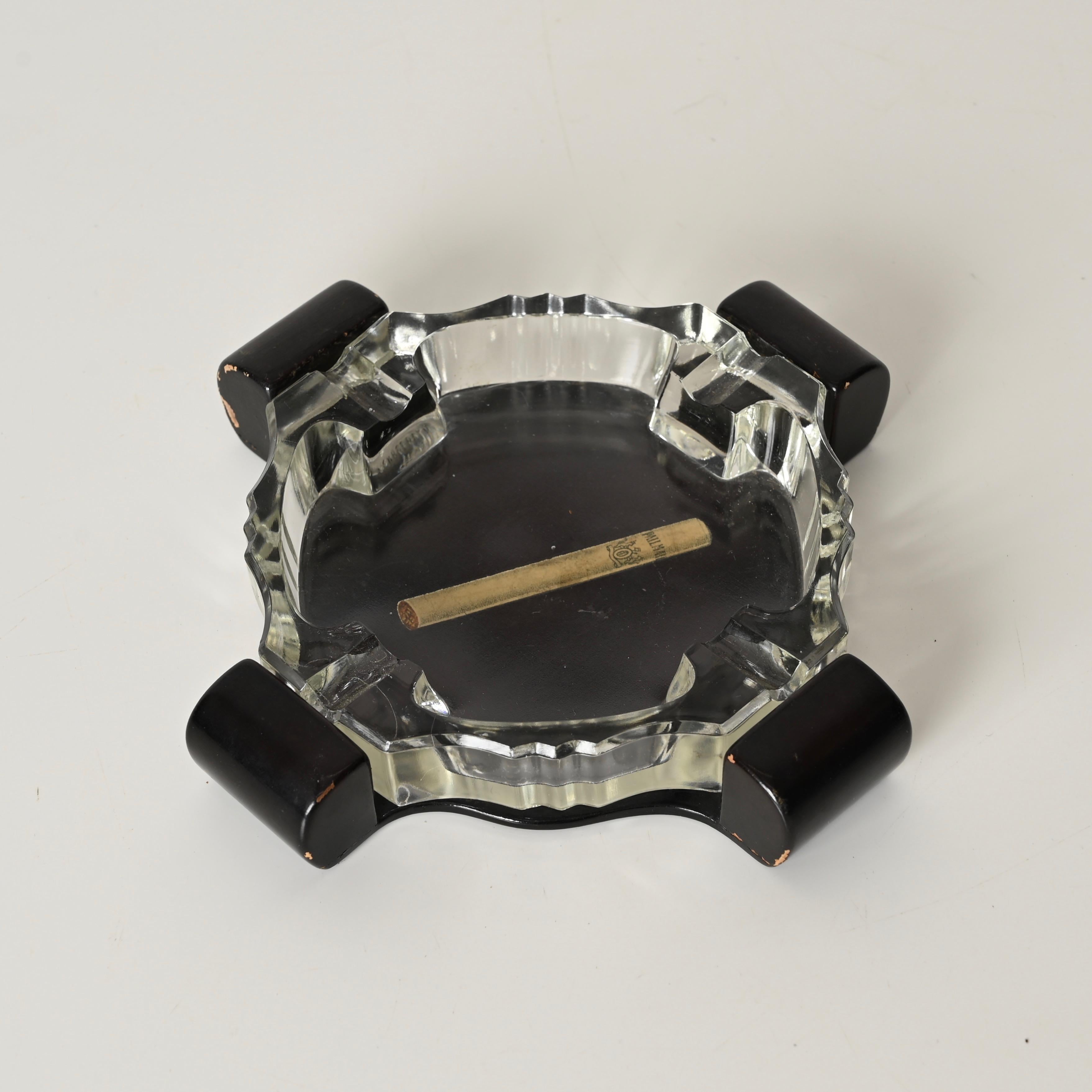 Art Deco Italian Ashtray in Crystal and Lacquered Wood, 1930s For Sale 14