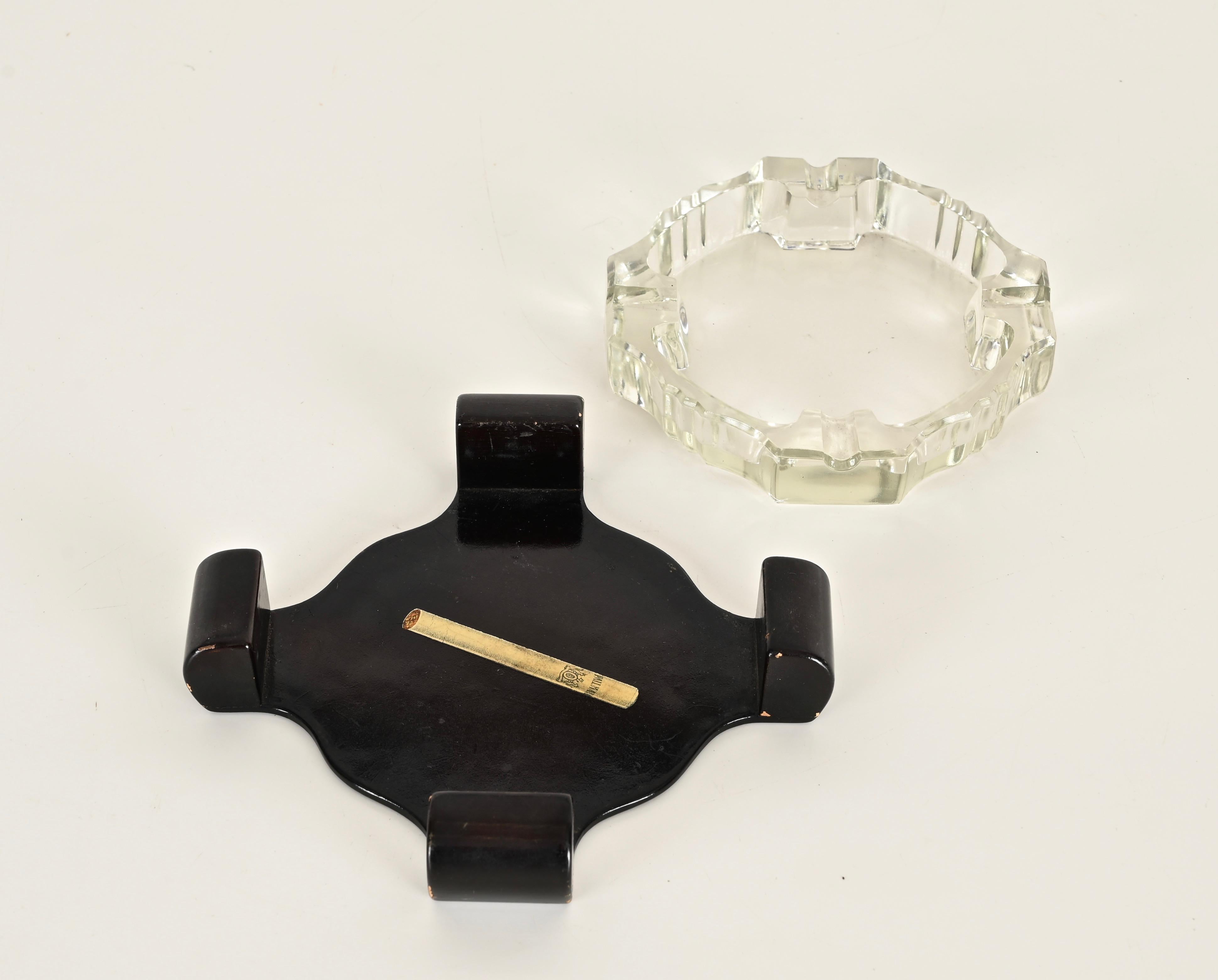 Art Deco Italian Ashtray in Crystal and Lacquered Wood, 1930s For Sale 1