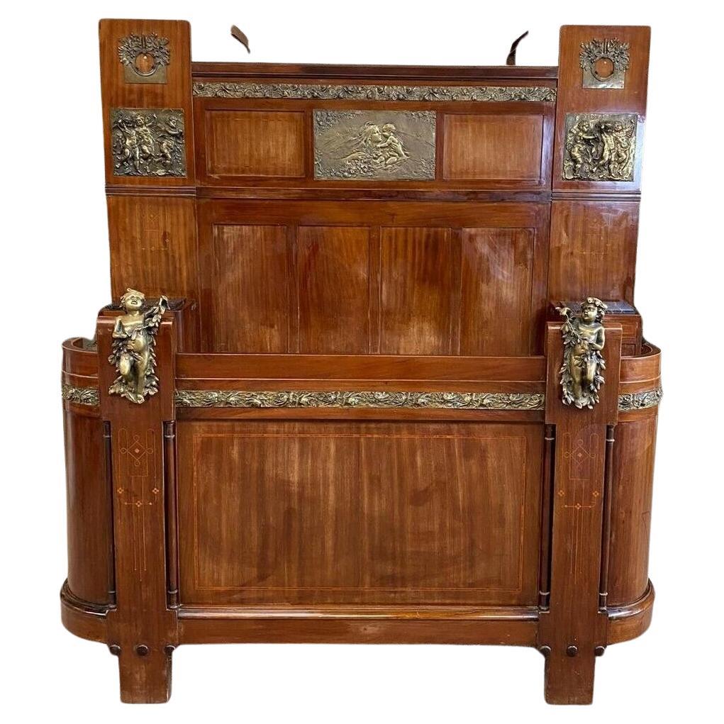 1930s Carved Dark Tone Walnut and Cane Art Deco King Size Bed Wood