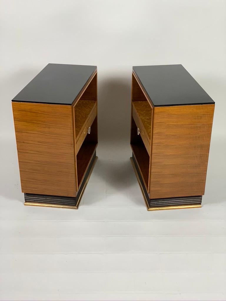 Art Deco Italian Black Glass Top and Brass Base Pair of Bedside Tables 4