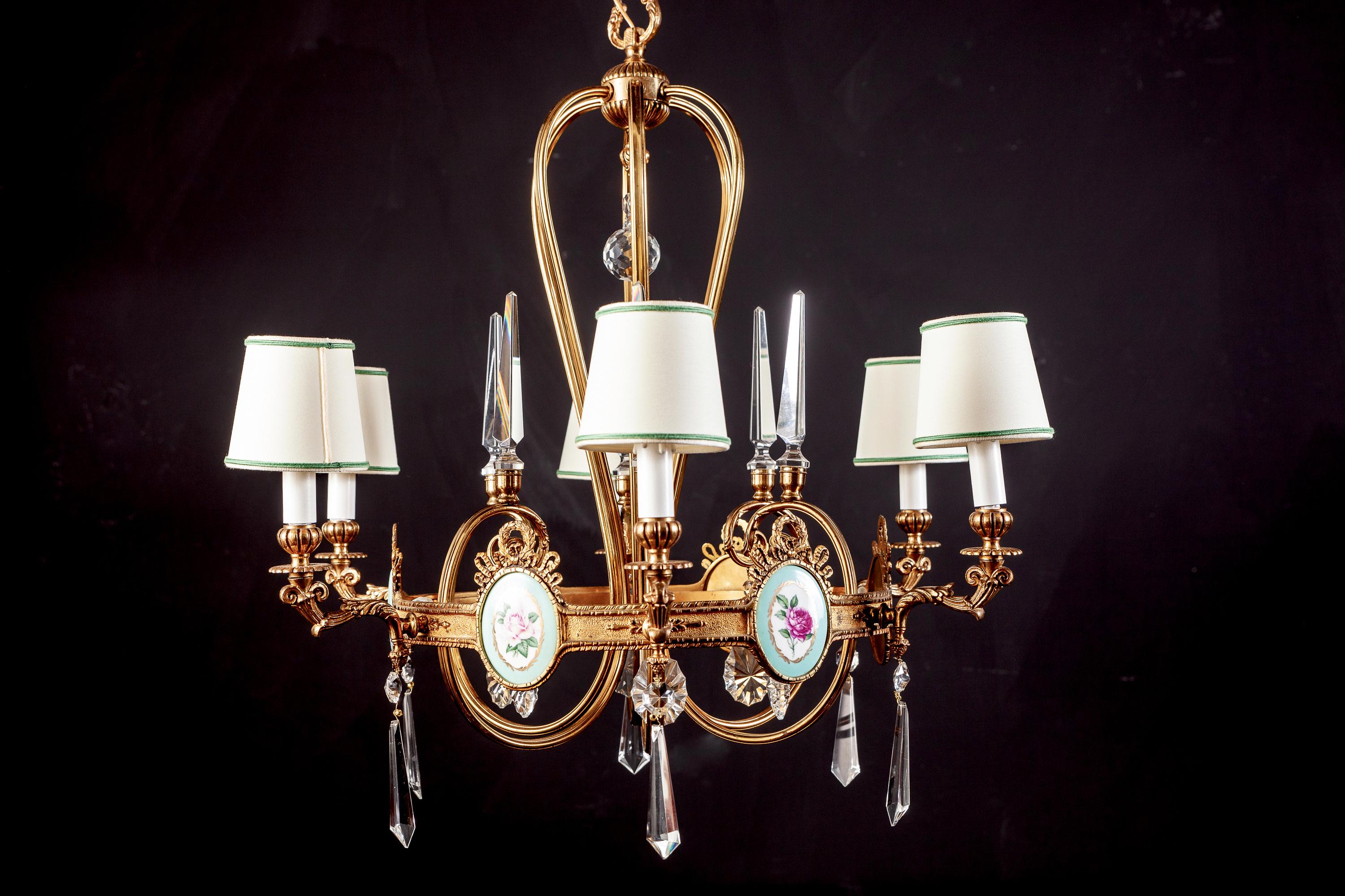 Art Deco Italian Brass chandelier with Charming Porcelain Insert, 1940 For Sale 8