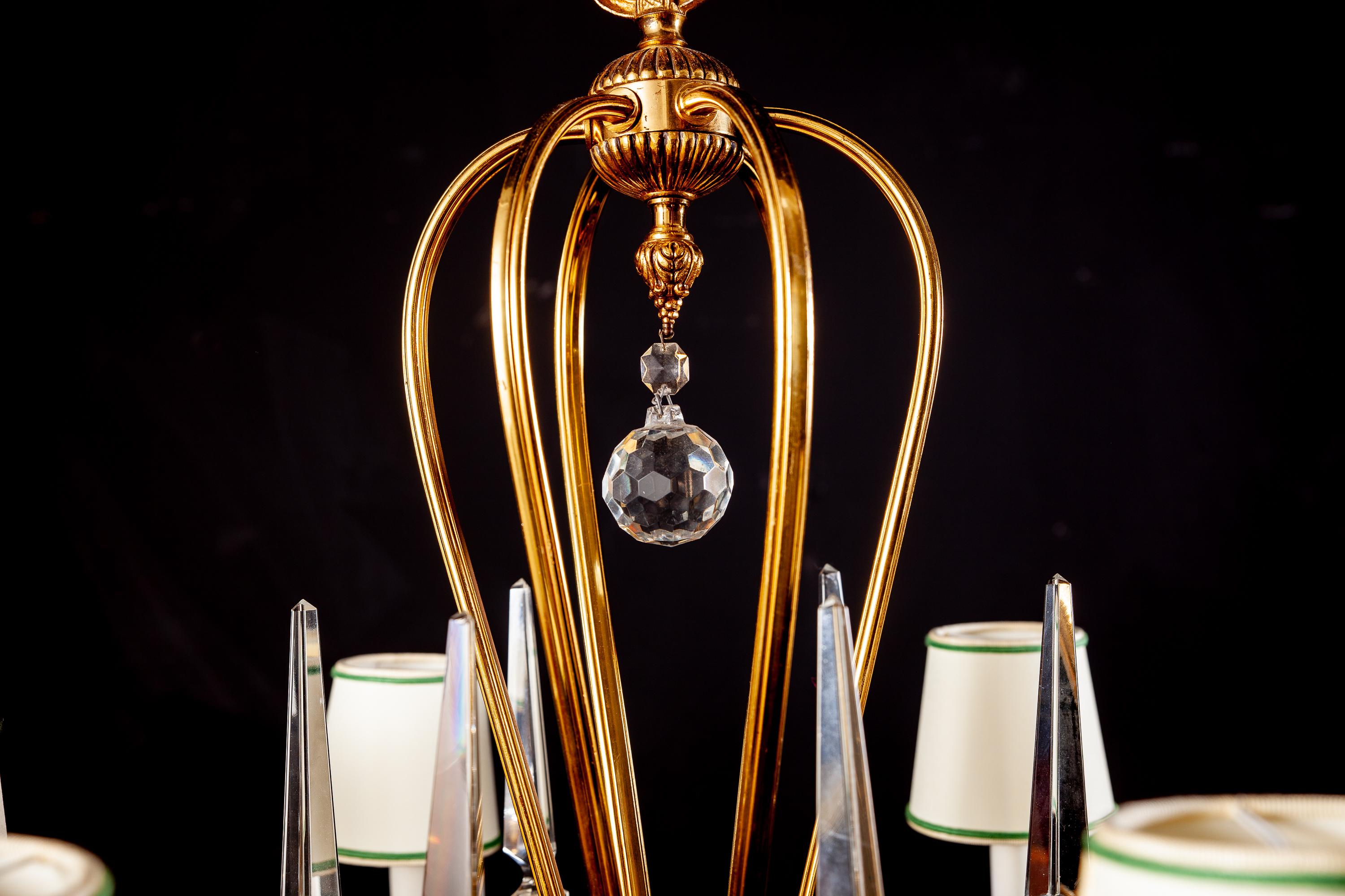 Art Deco Italian Brass Chandelier with Charming Porcelain Insert, 1940 For Sale 1