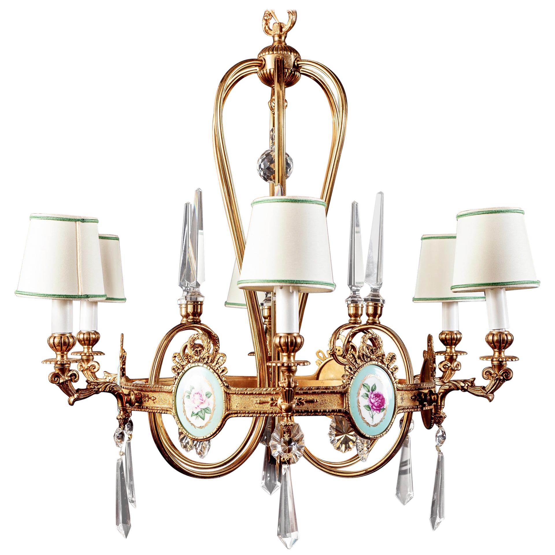 Art Deco Italian Brass chandelier with Charming Porcelain Insert, 1940 For Sale