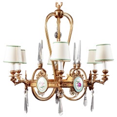 Art Deco Italian Brass chandelier with Charming Porcelain Insert, 1940
