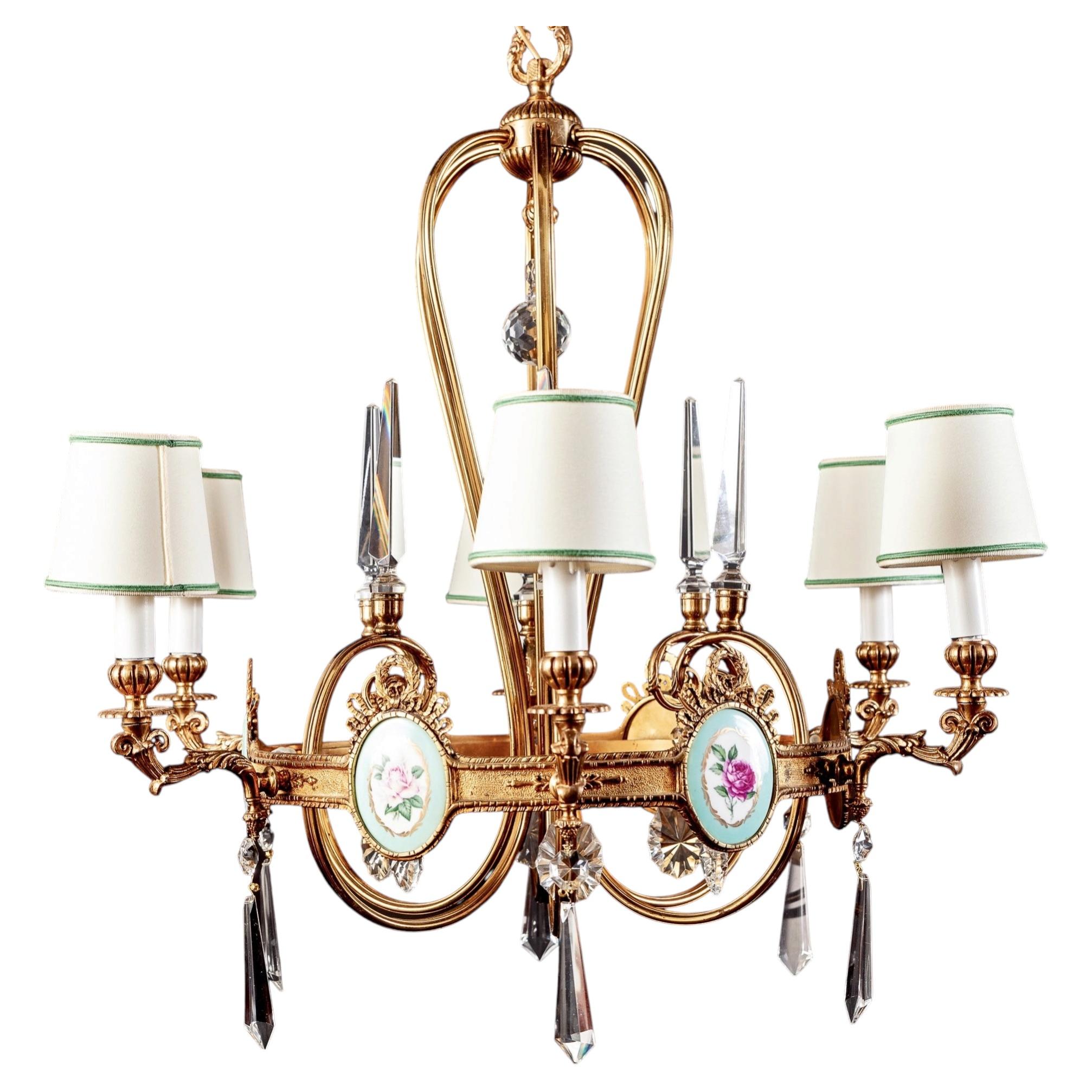Art Deco Italian Brass Chandelier with Charming Porcelain Insert, 1940