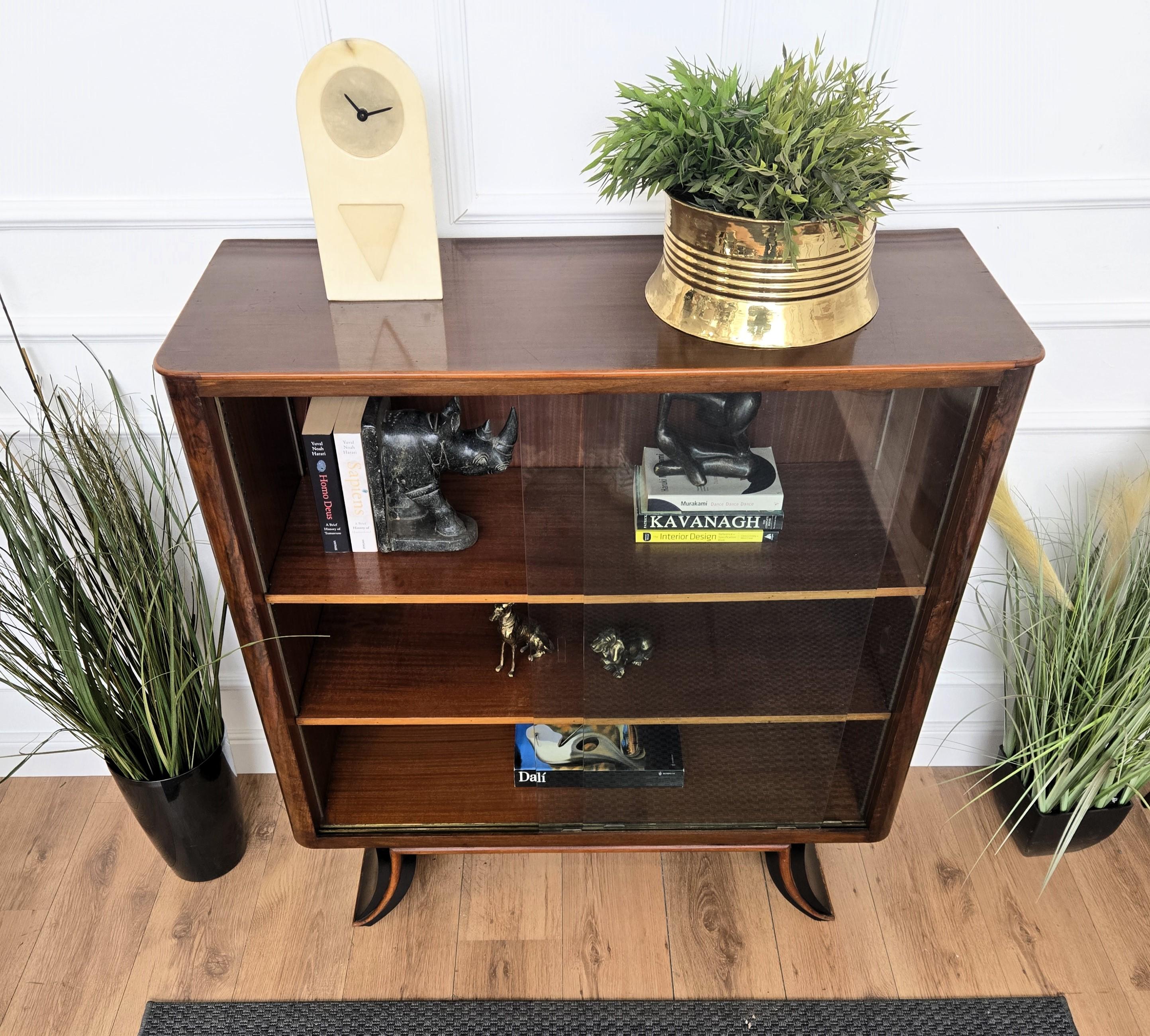 20th Century Art Deco Italian Burl Wood Glass Vitrine Sideboard Cabinet Bookcase For Sale