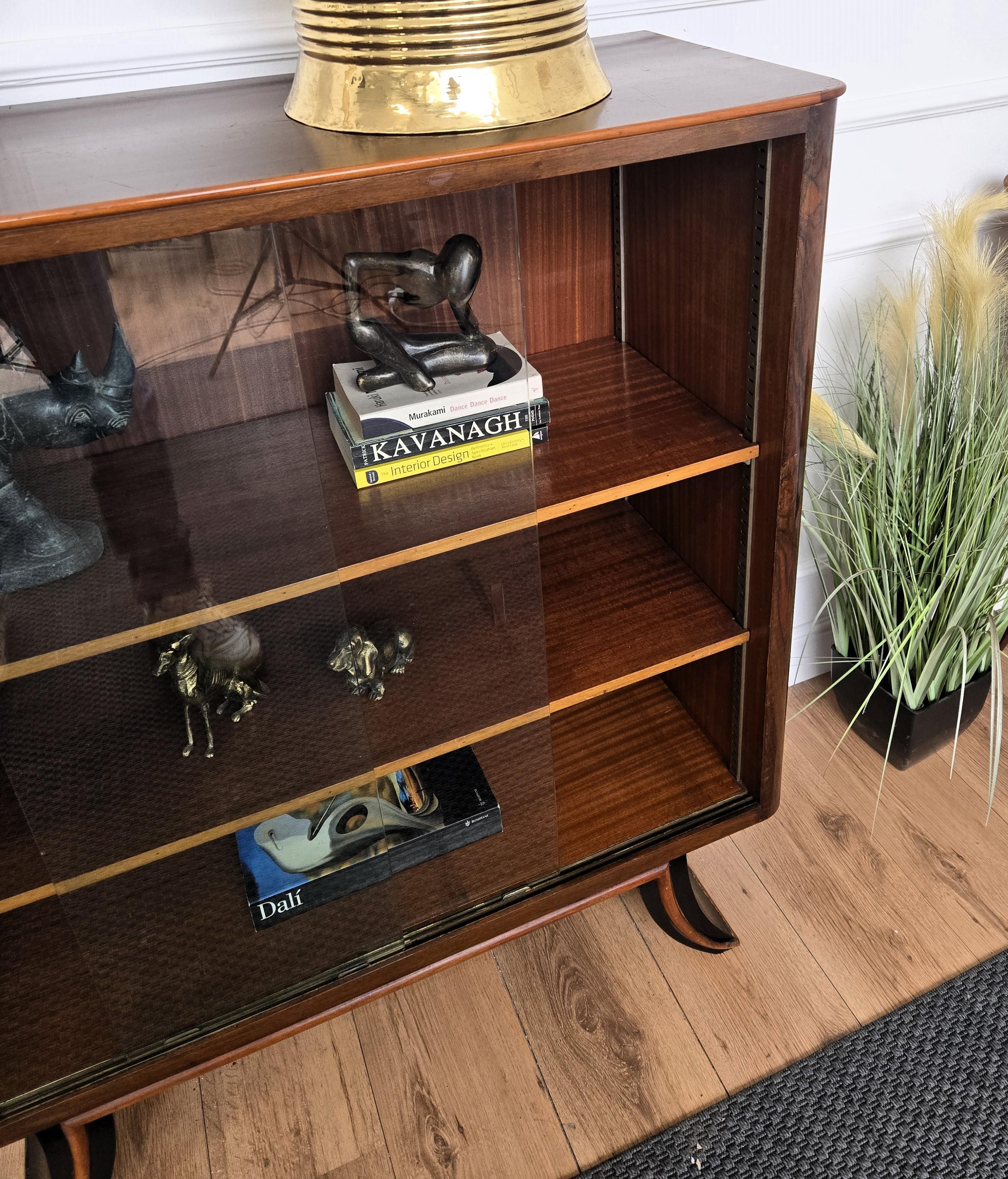 Brass Art Deco Italian Burl Wood Glass Vitrine Sideboard Cabinet Bookcase For Sale