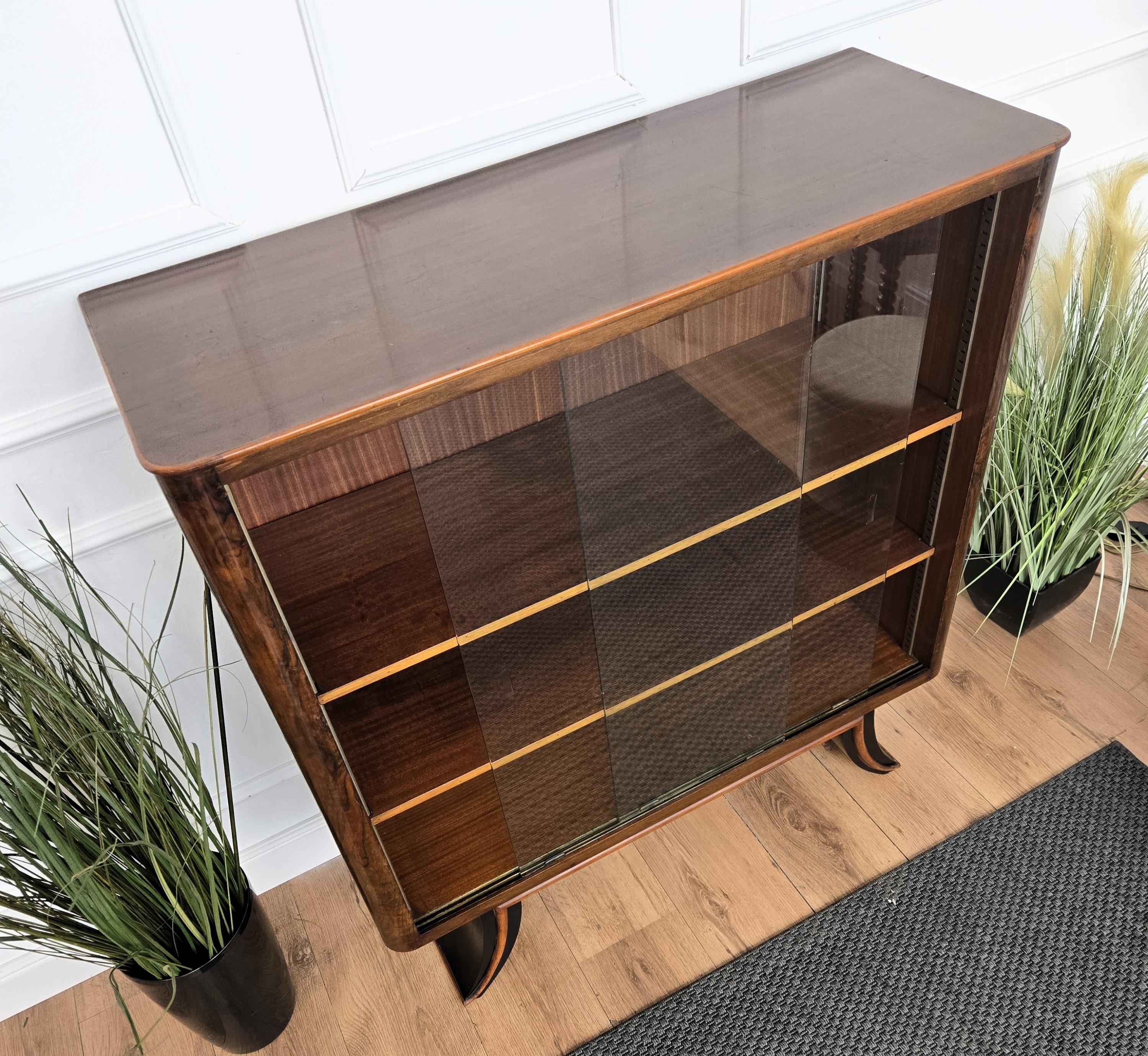 Art Deco Italian Burl Wood Glass Vitrine Sideboard Cabinet Bookcase For Sale 3