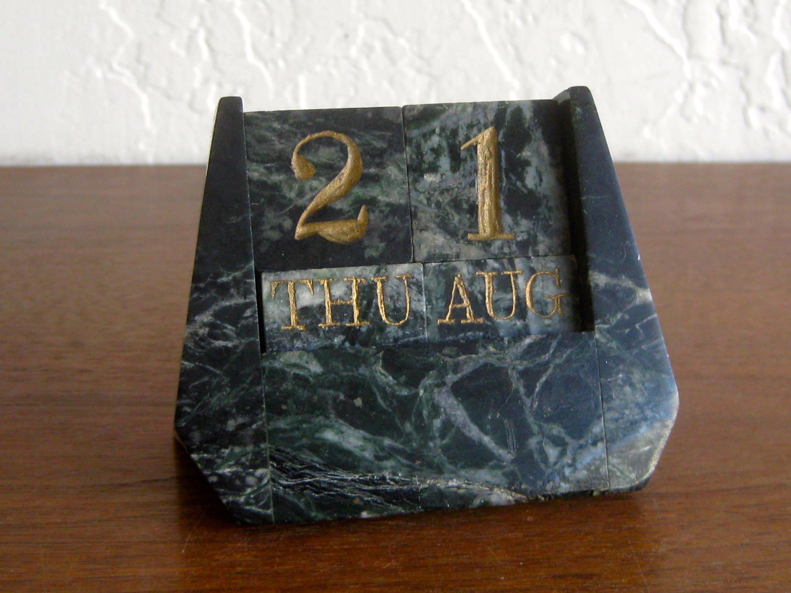 Art Deco Italian Carved Green Marble Perpetual Day/Date/Month Desk Calendar 6
