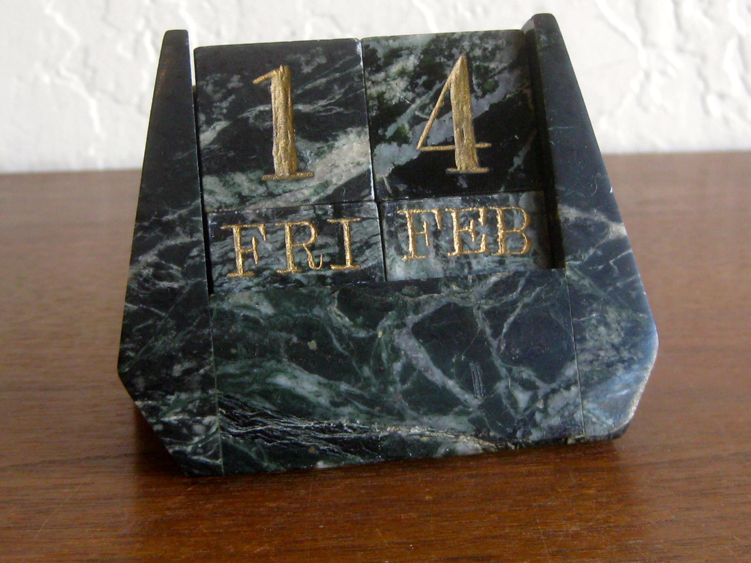 Art Deco Italian Carved Green Marble Perpetual Day/Date/Month Desk Calendar In Good Condition In San Diego, CA