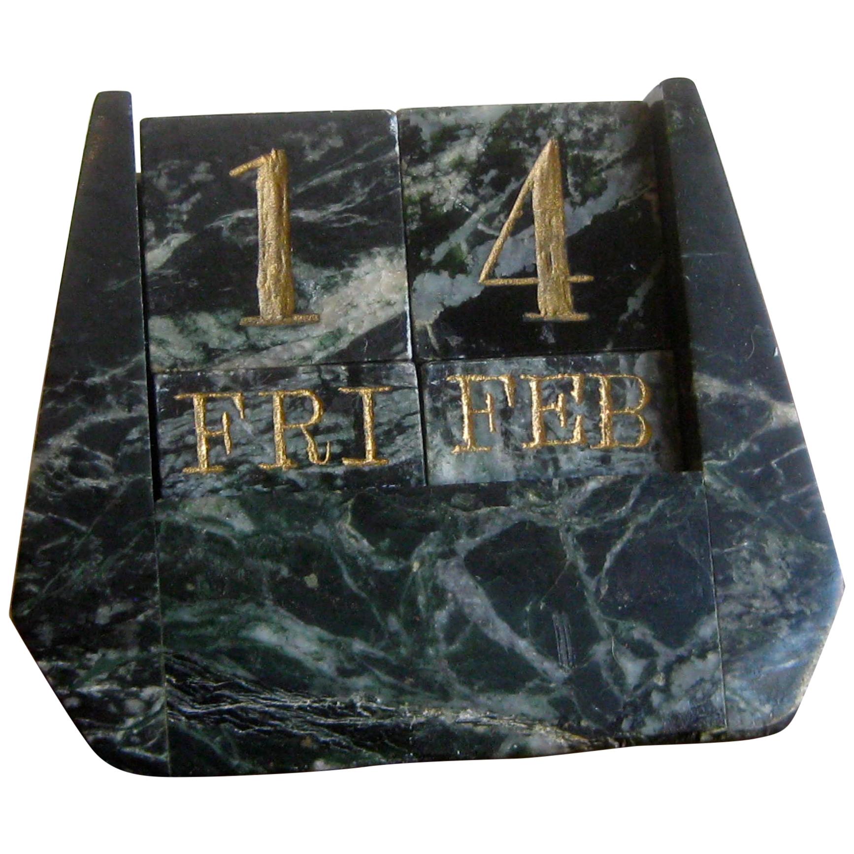 Art Deco Italian Carved Green Marble Perpetual Day/Date/Month Desk Calendar