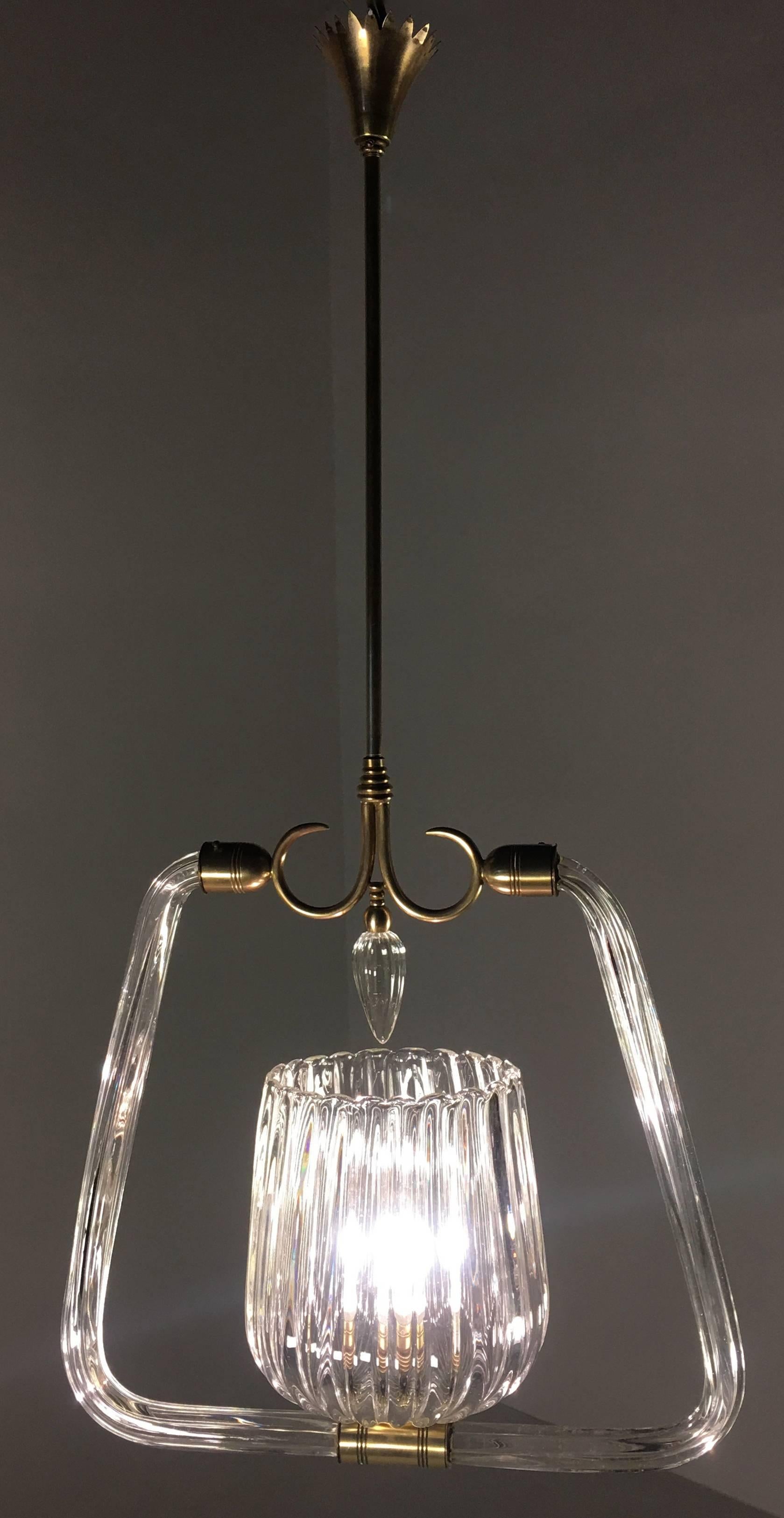 Brass Art Deco Italian Chandelier Attributed to Gio Ponti Per Venini. Murano, 1940