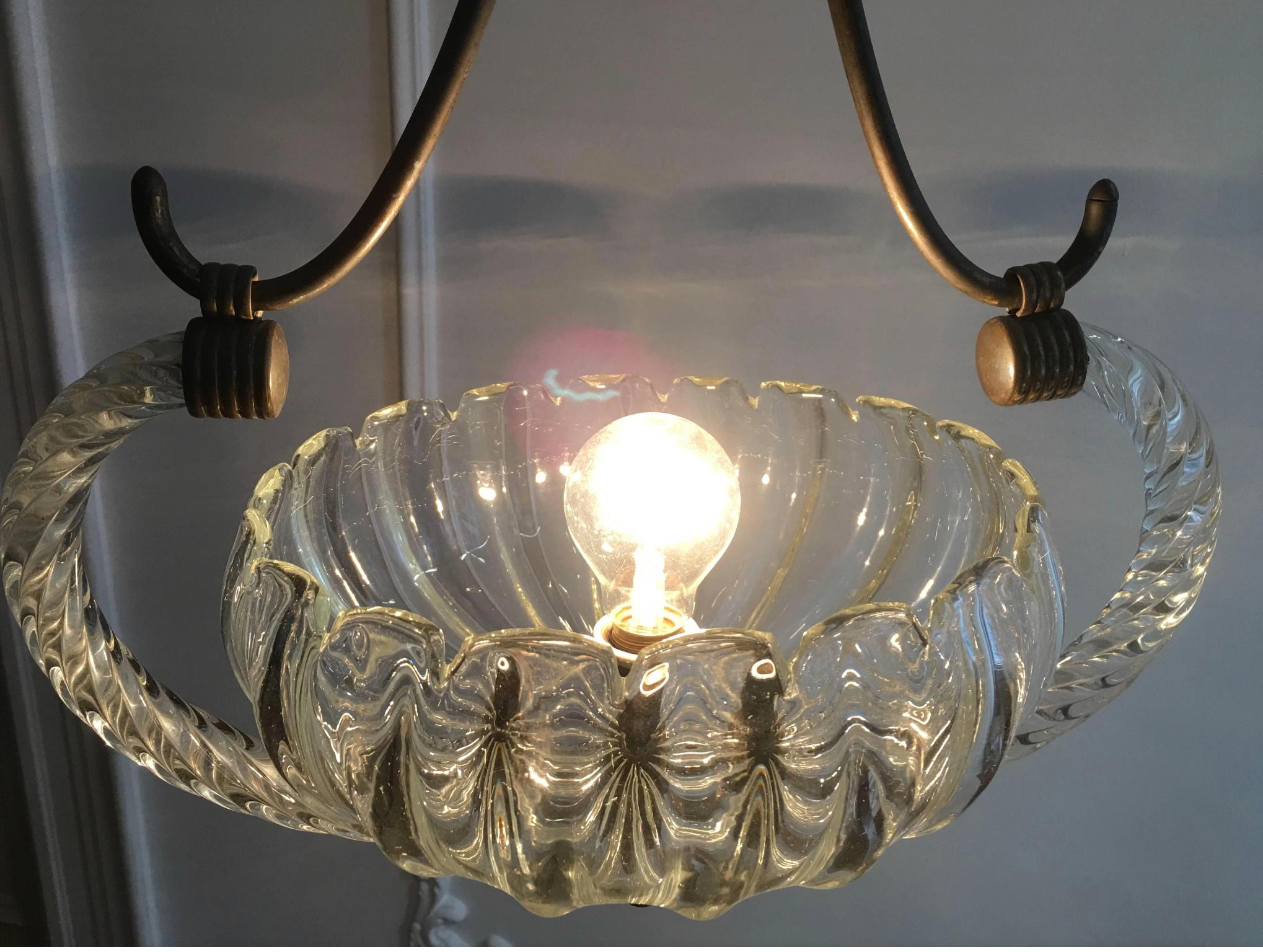 Brass Art Deco Italian Chandelier by Ercole Barovier, Murano, 1940 For Sale